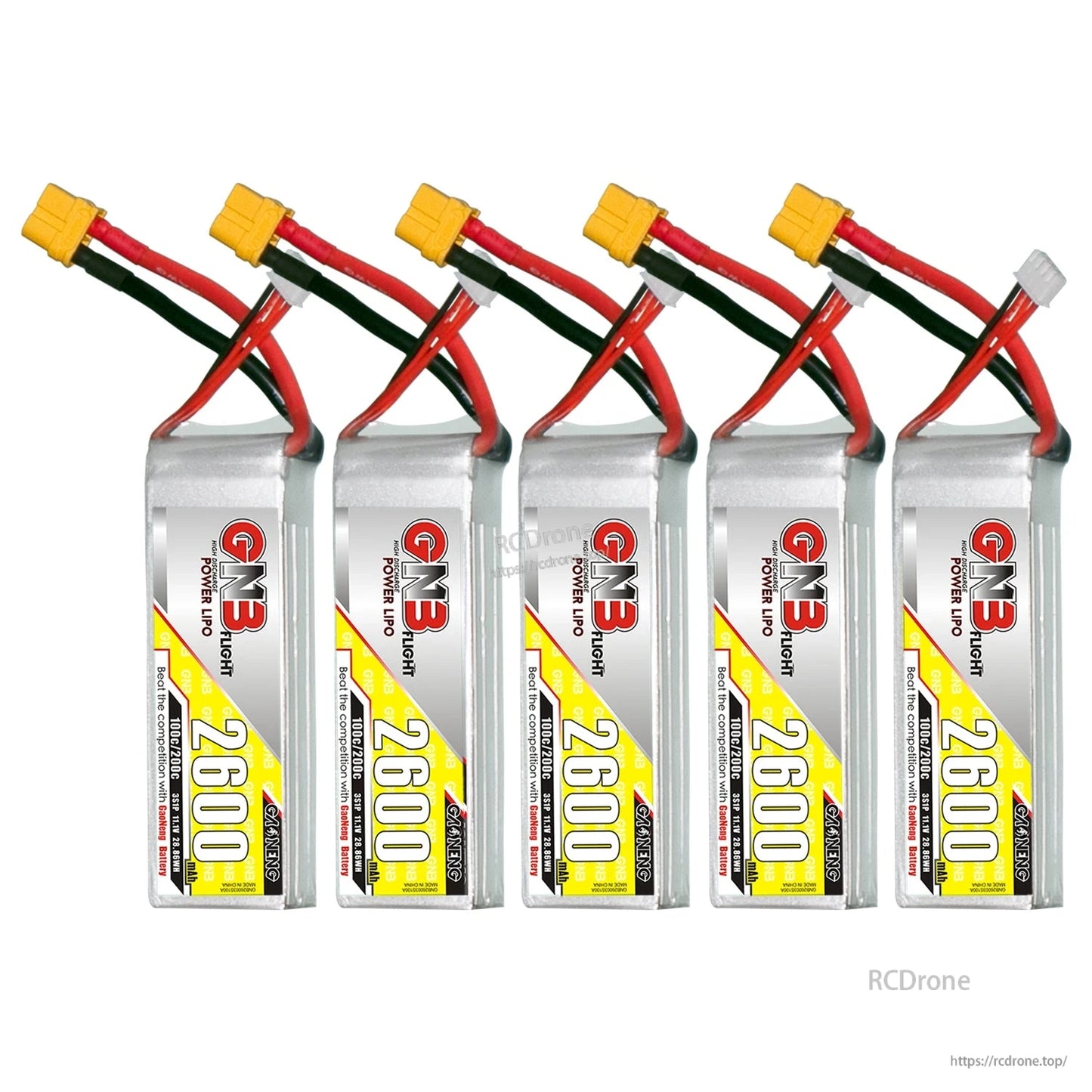 Five GNB 2600mAh LiPo batteries lineup with XT60 connectors and balance leads