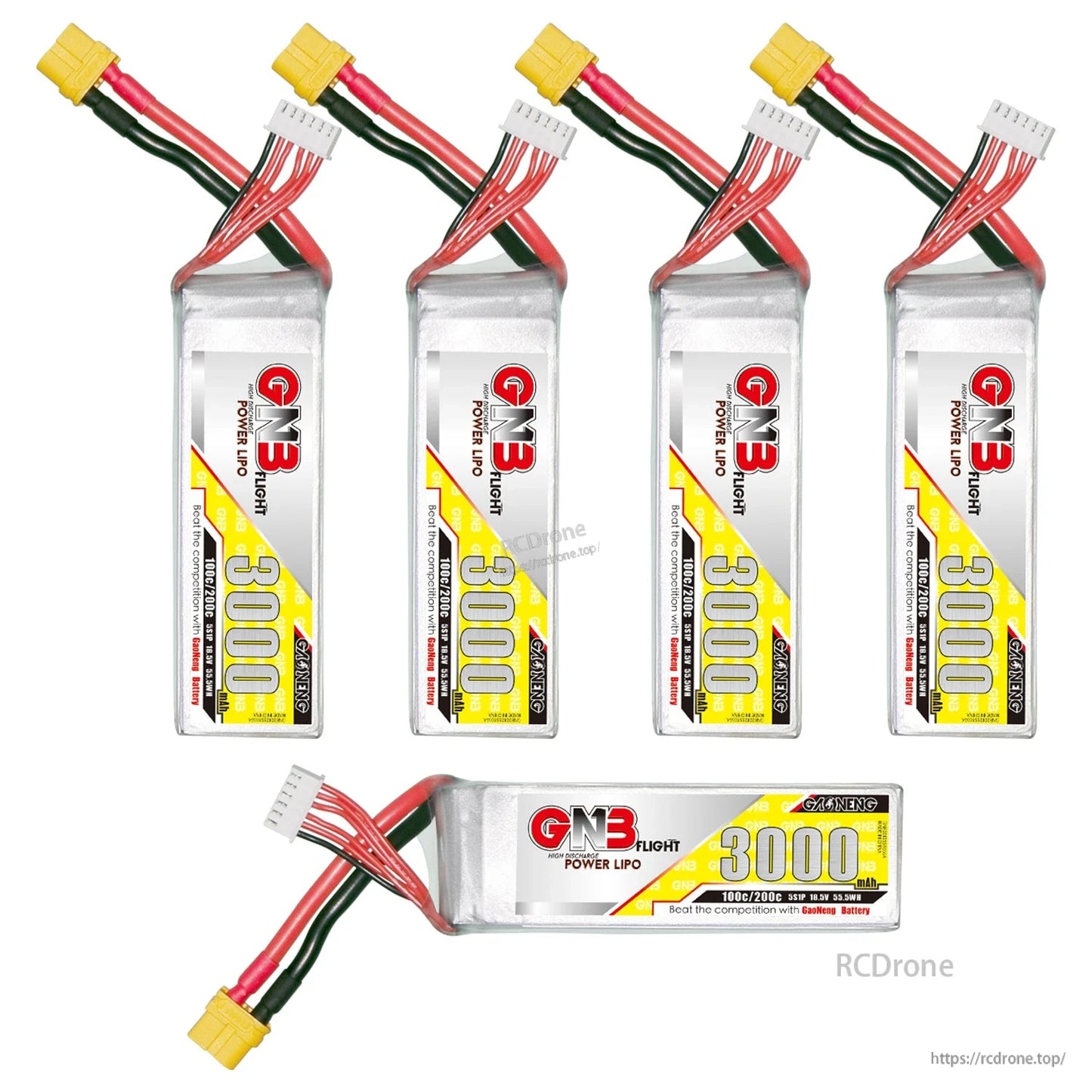 Set of four upright GNB 3000mAh batteries plus one horizontal battery, showing labels and leads