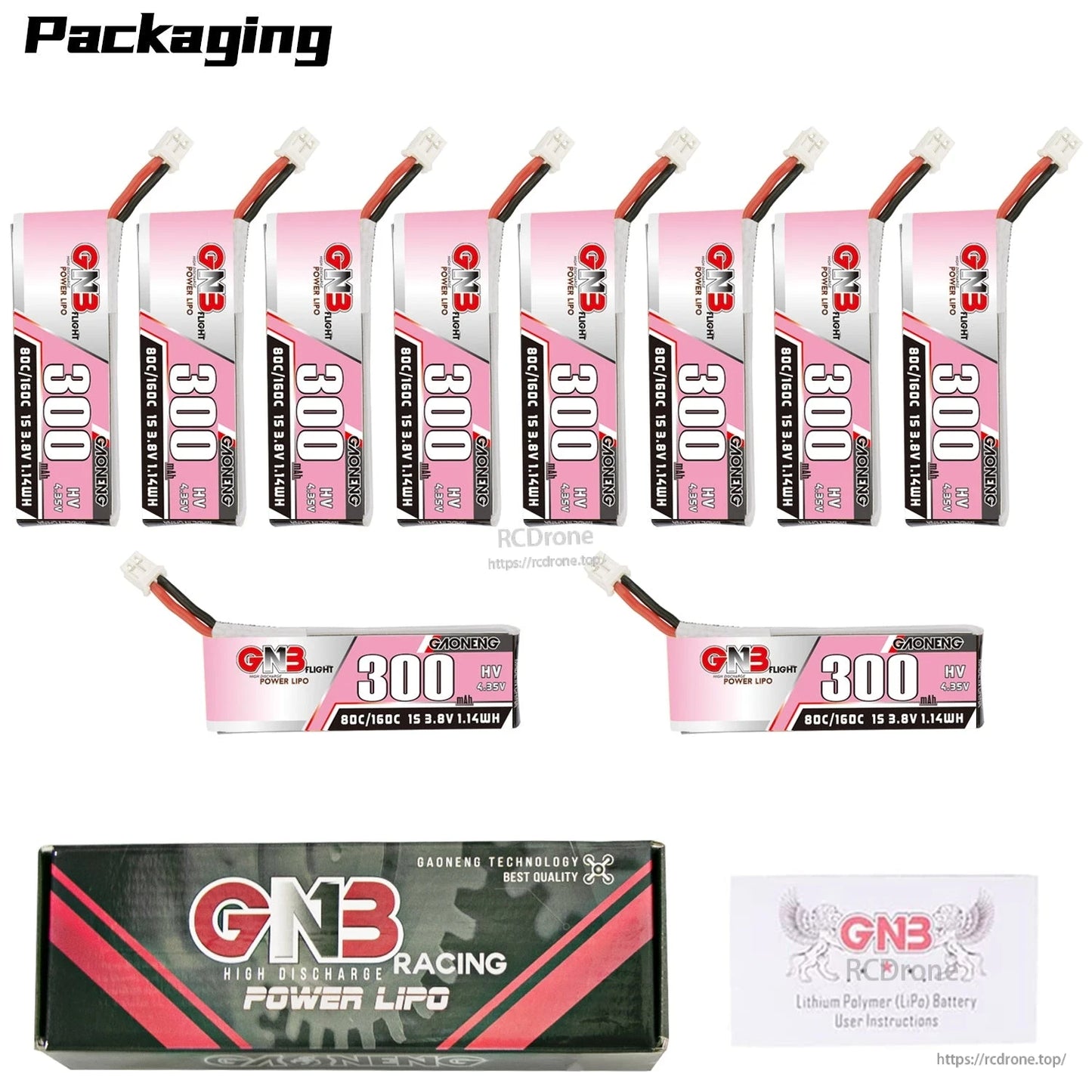 Packaging contents: multi-pack set with upright and horizontal GNB300 300mAh batteries, box and leaflet