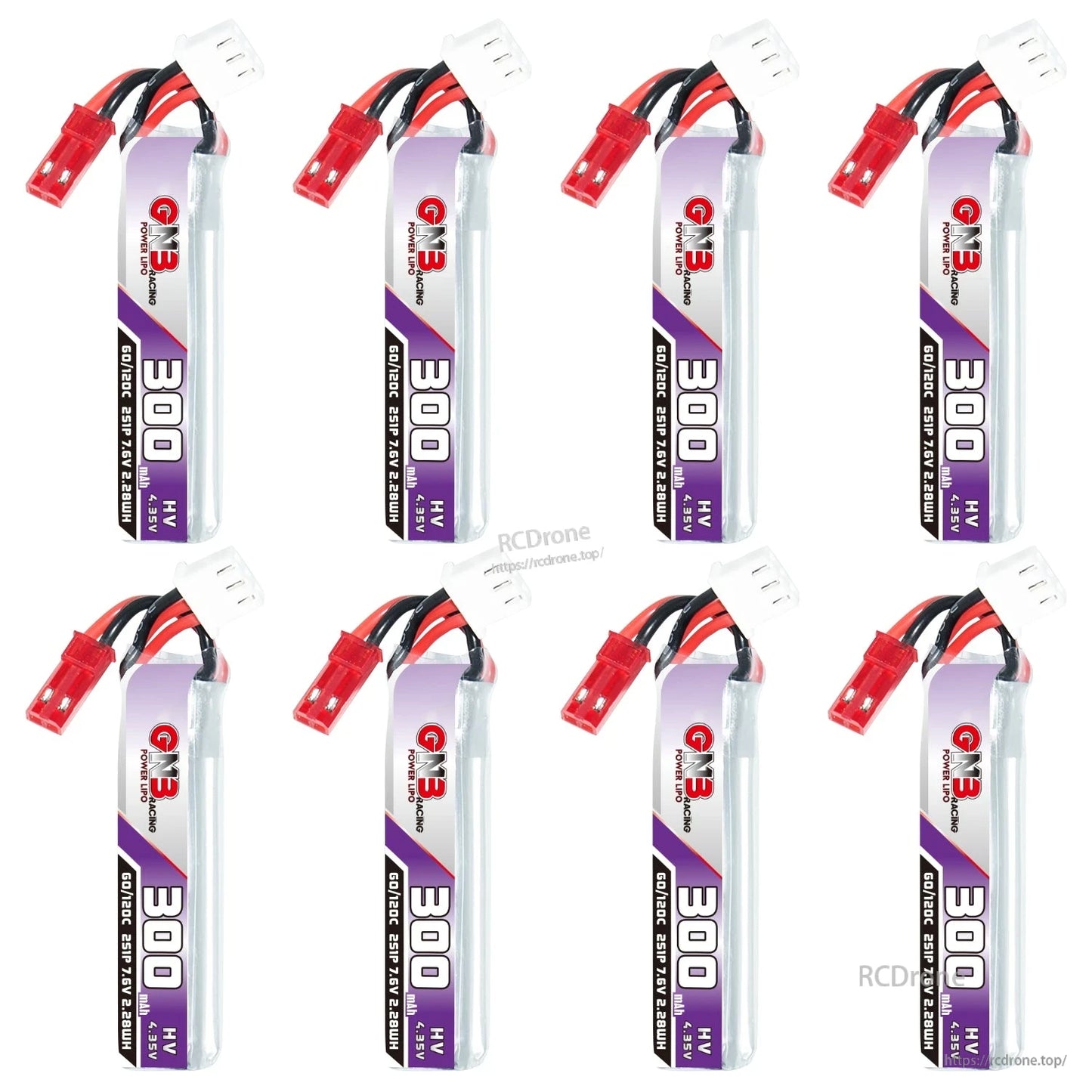 Eight GAONENG 300mAh HV 2S LiHV batteries shown upright with JST connectors and balance plugs