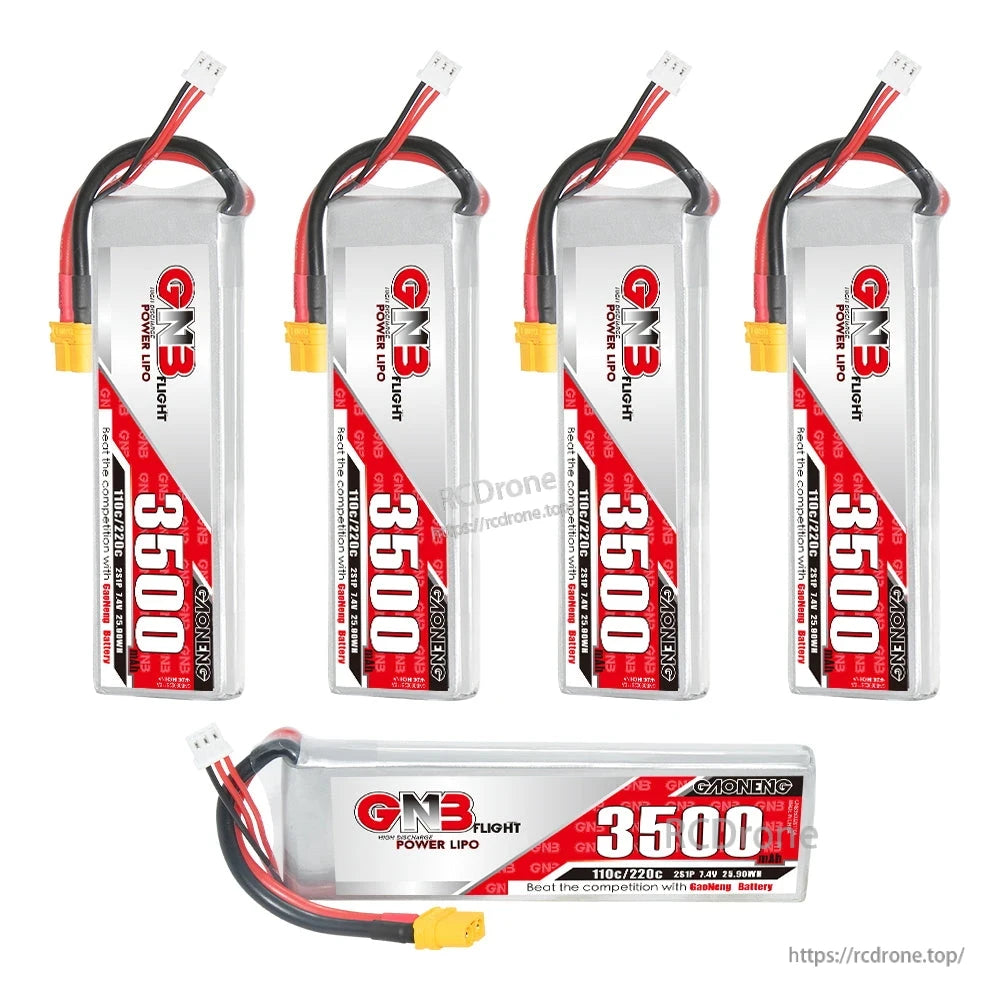 Four vertical GNB 3500 battery packs plus one horizontal pack shown together with XT60 connectors