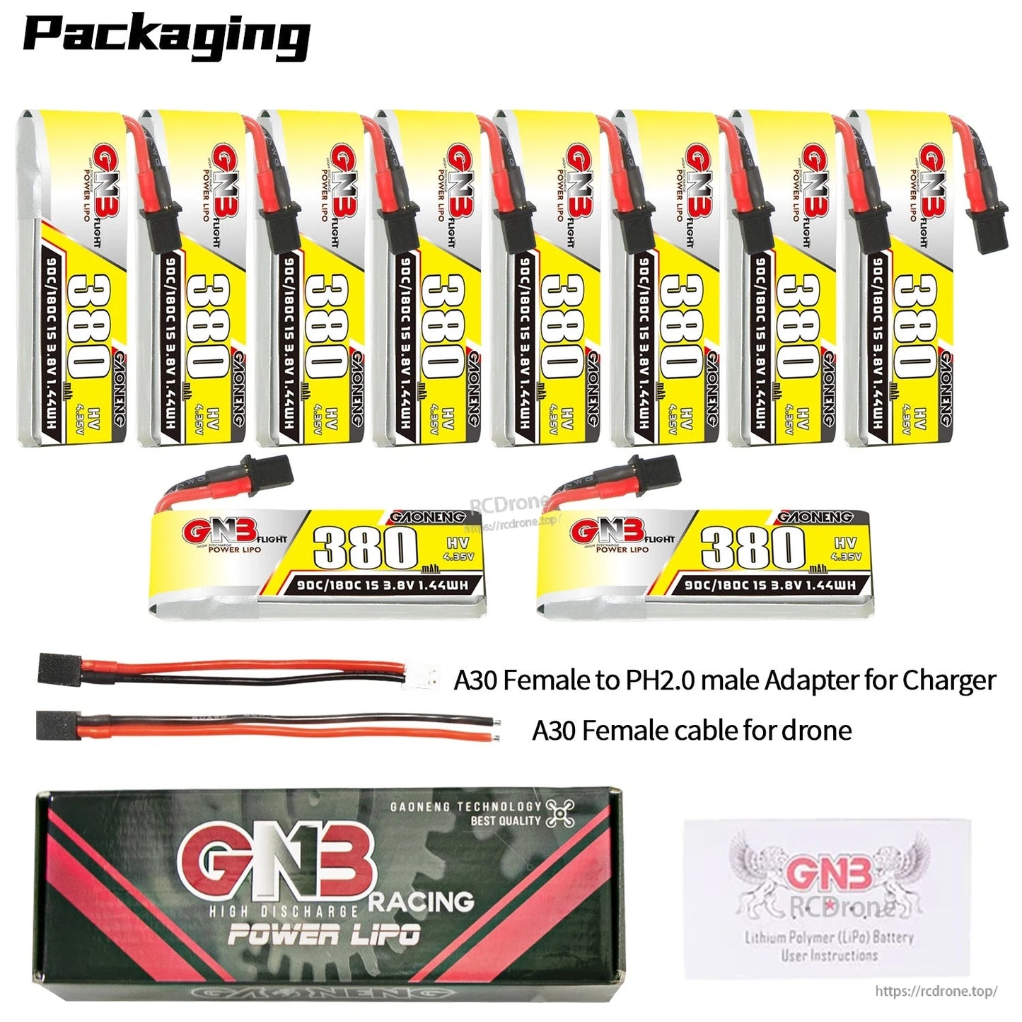 Packaging contents: 10 batteries shown plus GNB box, A30 to PH2.0 charger adapter, and A30 female drone cable