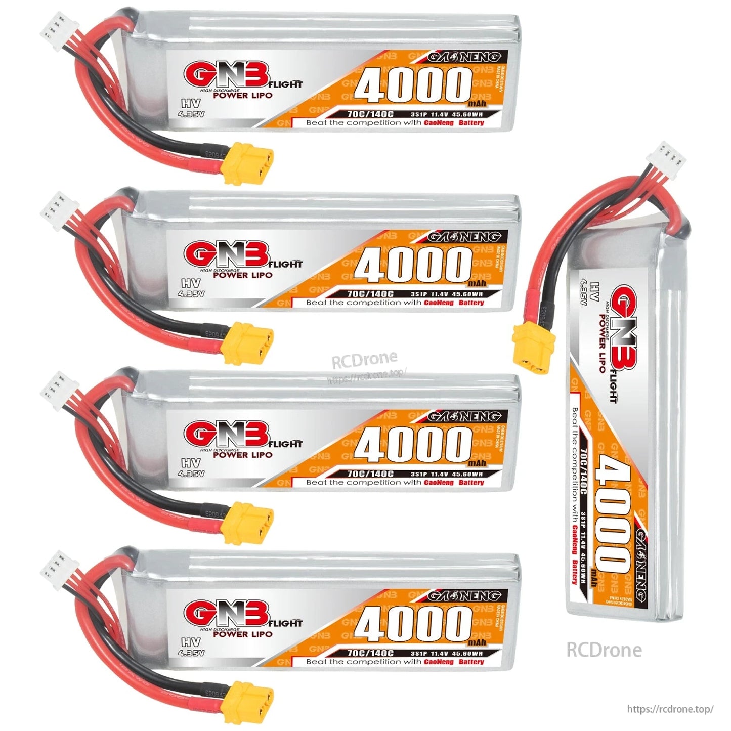 Four batteries stacked plus one upright GNB 4000mAh pack, showing both label and side profile