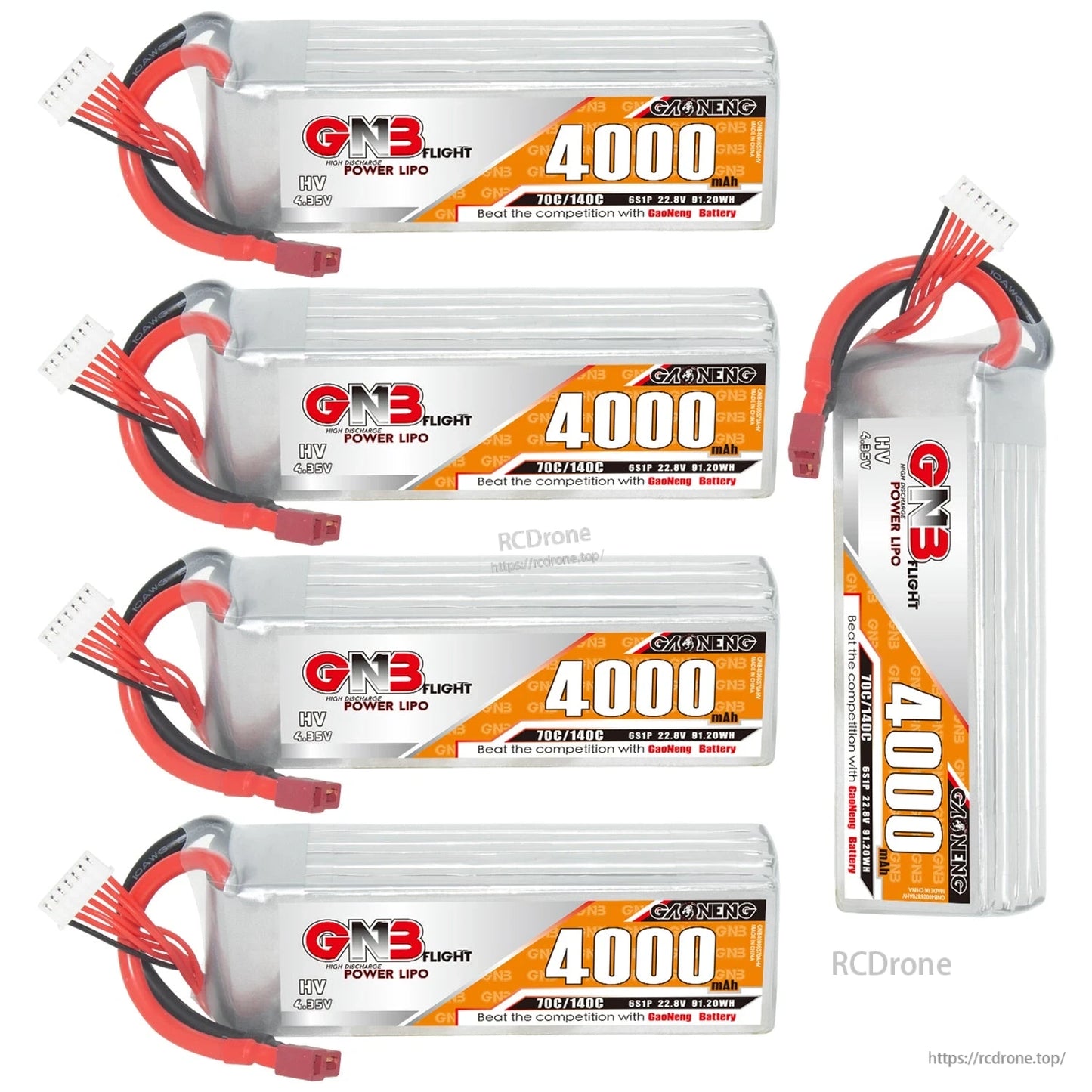 Set of four GNB 4000mAh 6S LiHV batteries plus one upright battery to show thickness and wiring
