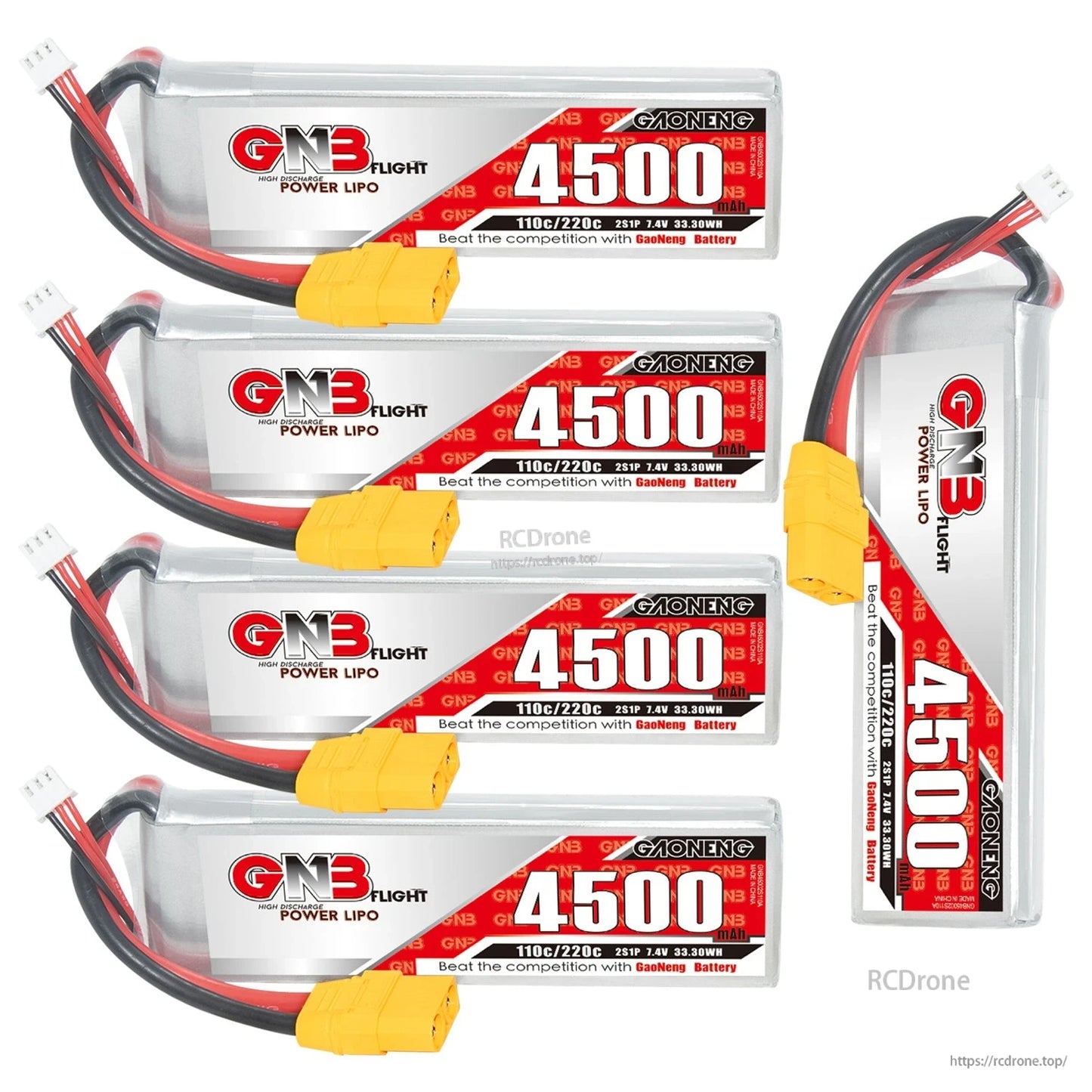 Four horizontal batteries with one upright GAONENG 4500mAh pack showing front and side views