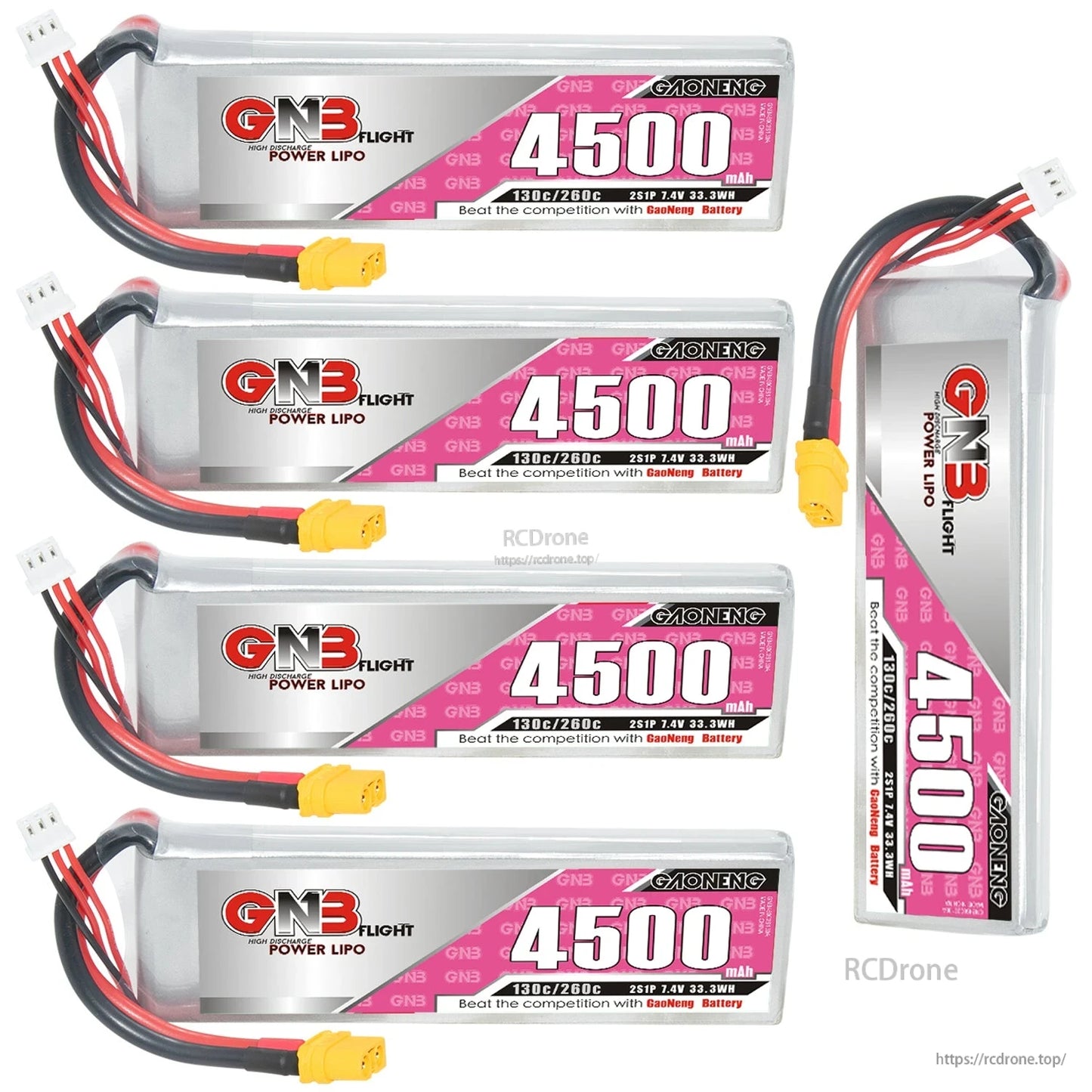Five GAONENG 4500mAh LiPo batteries bundle with one battery shown upright beside the stack