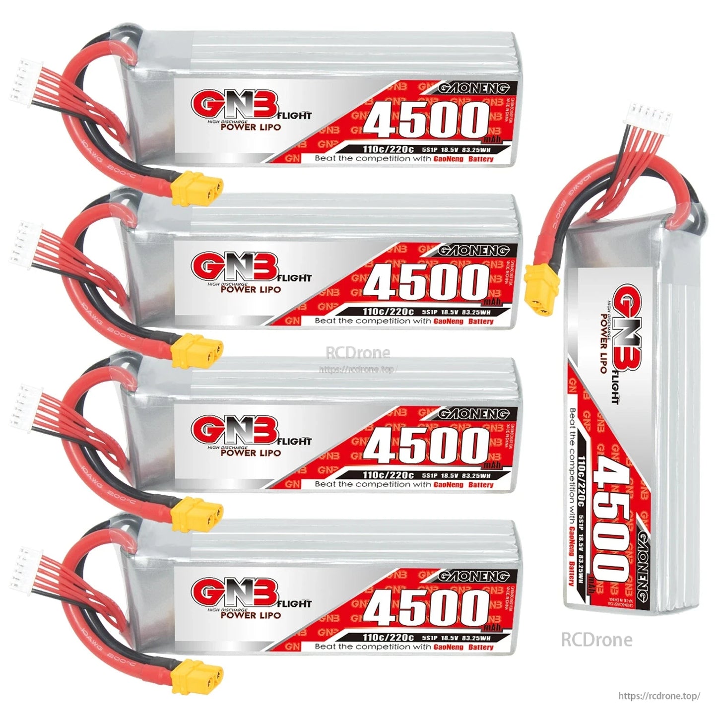 Four GAONENG GNB 4500mAh LiPo batteries plus one upright pack showing side profile and wiring