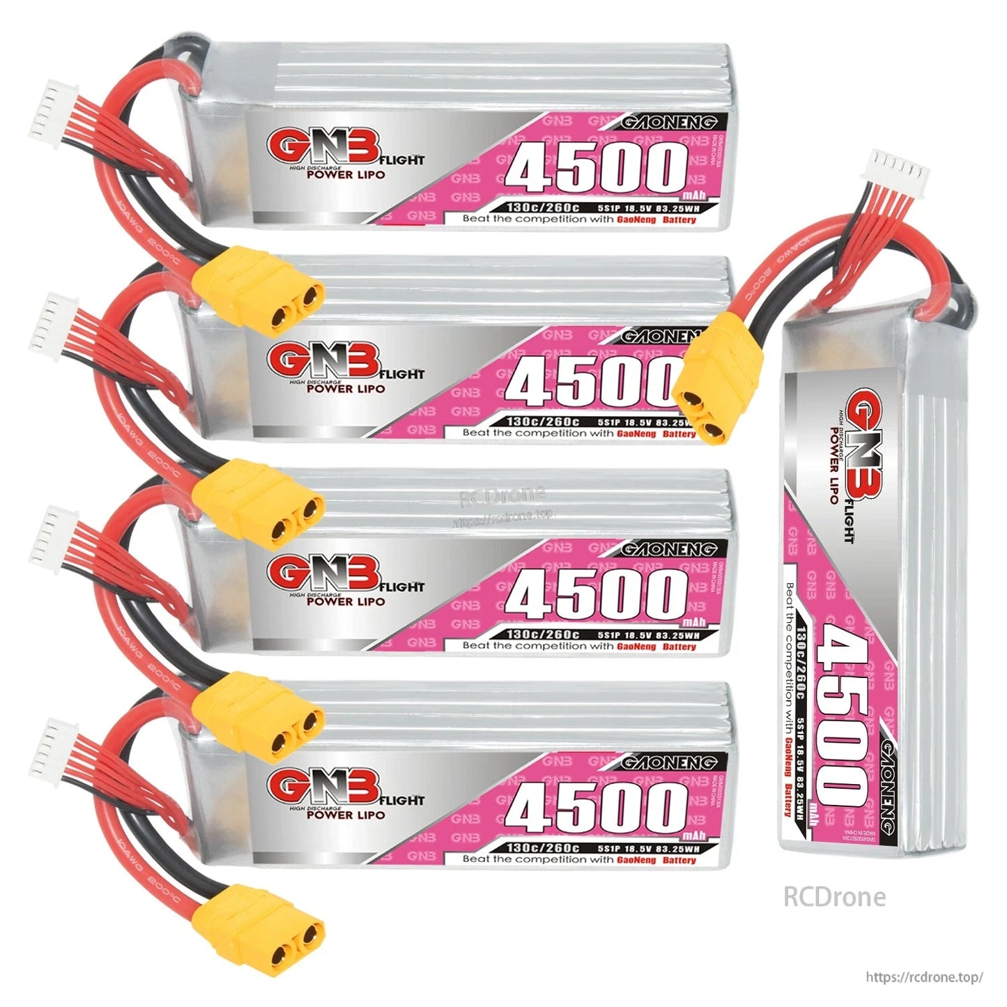 Five GAONENG 4500mAh LiPo batteries set, four horizontal plus one upright, XT90 leads shown