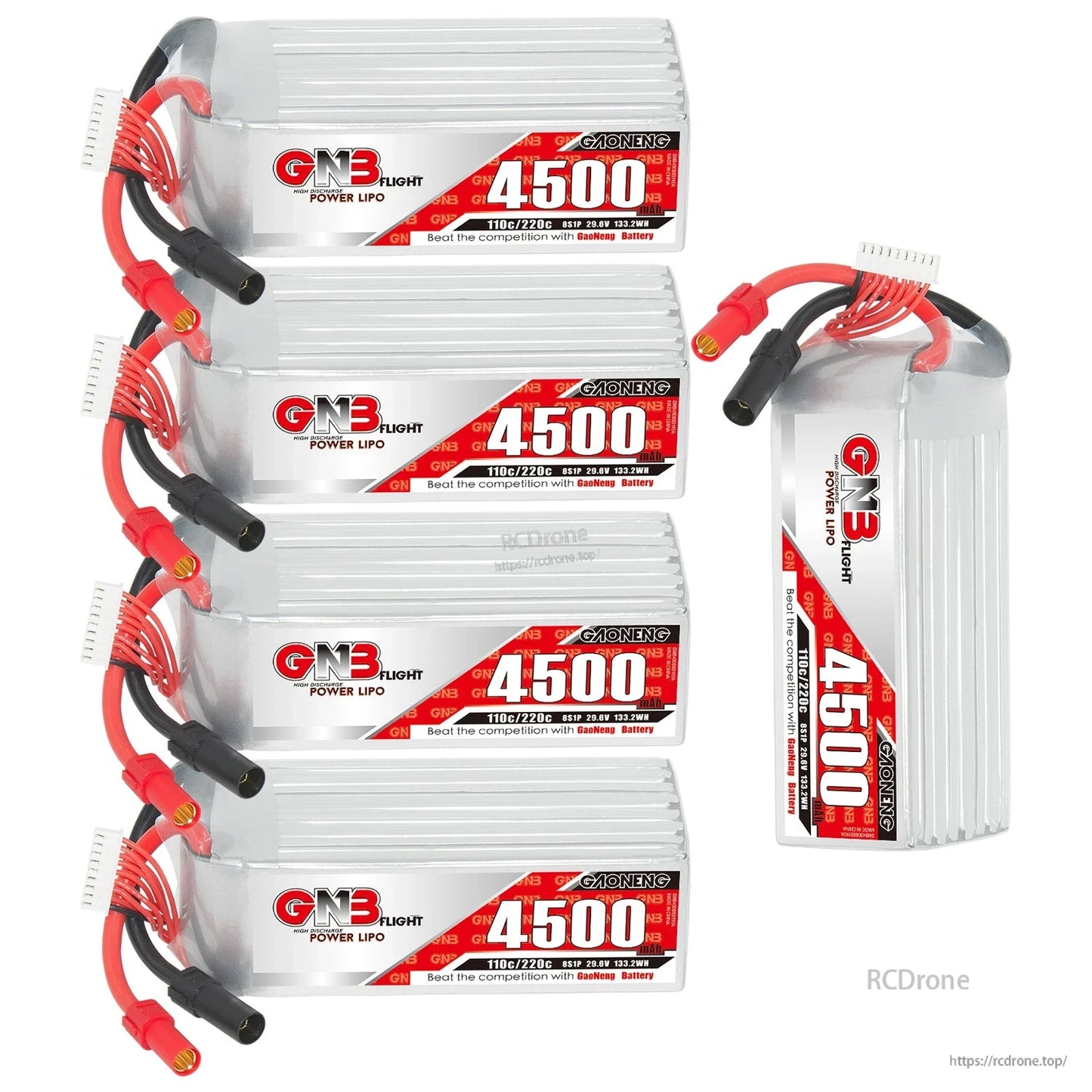 Four batteries in a row plus one upright GNB 4500 pack showing label and connector leads