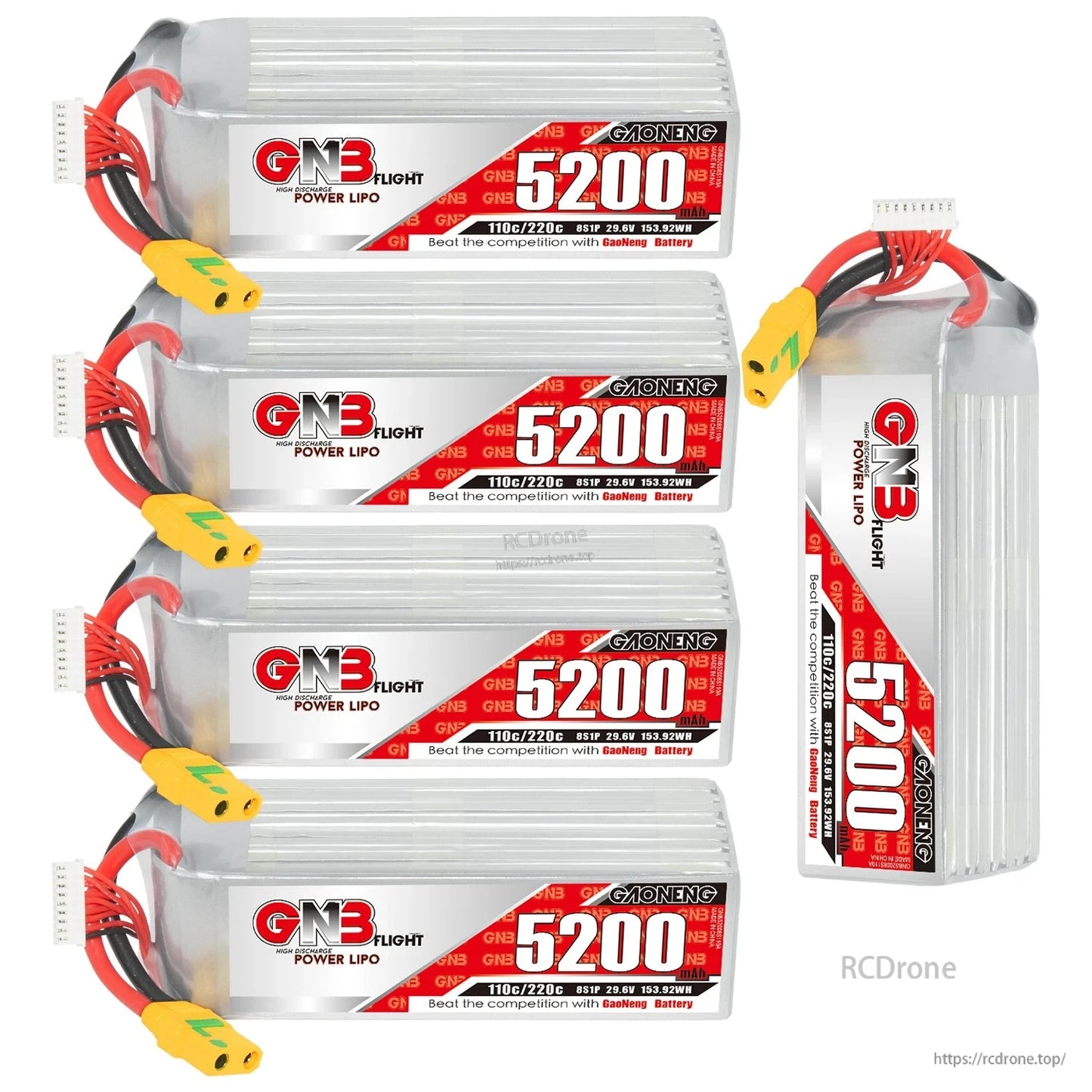 Five-pack display: four GNB 5200mAh LiPo batteries stacked plus one upright, XT90S-F connectors