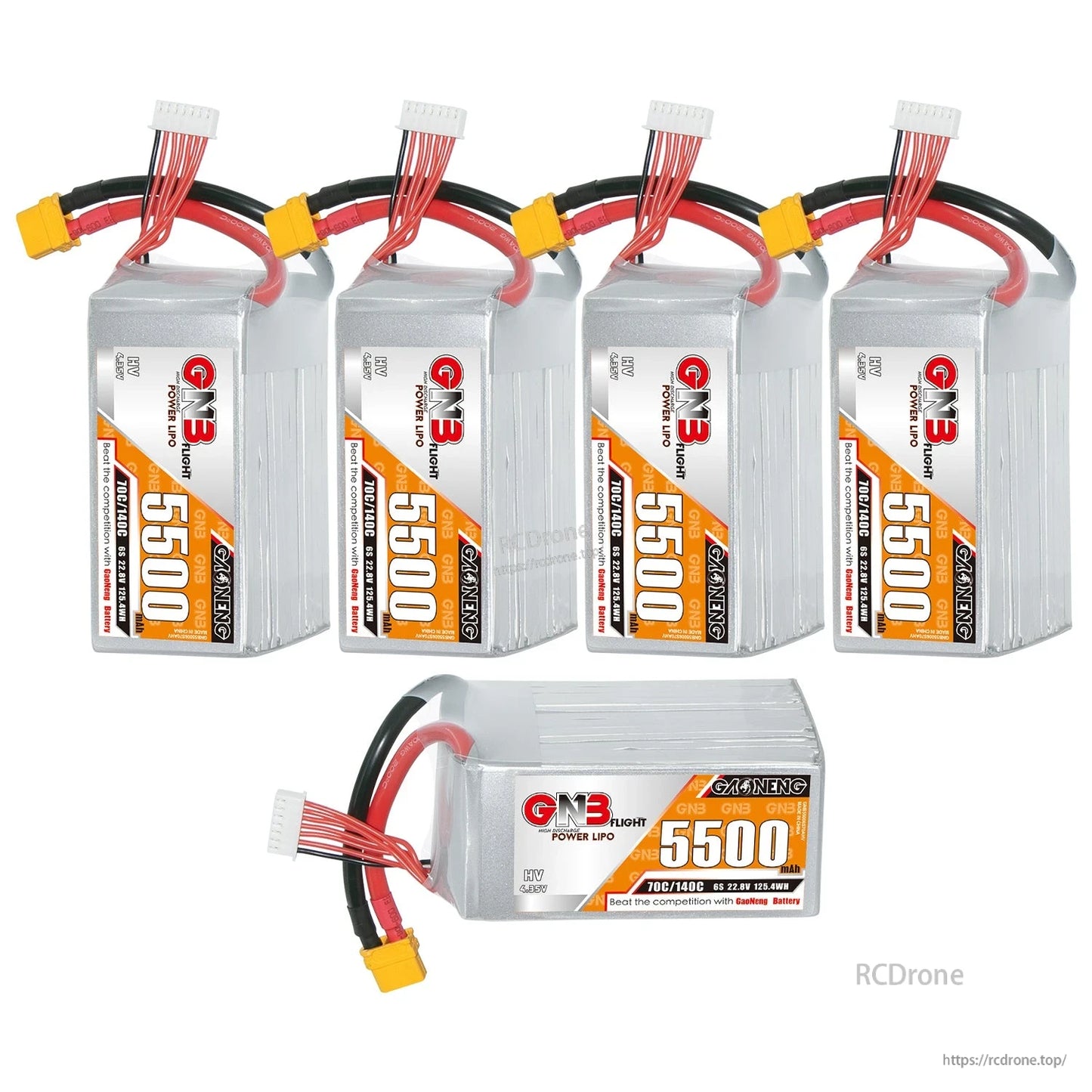 Bundle image showing four upright GNB 5500mAh batteries plus one horizontal battery with label visible
