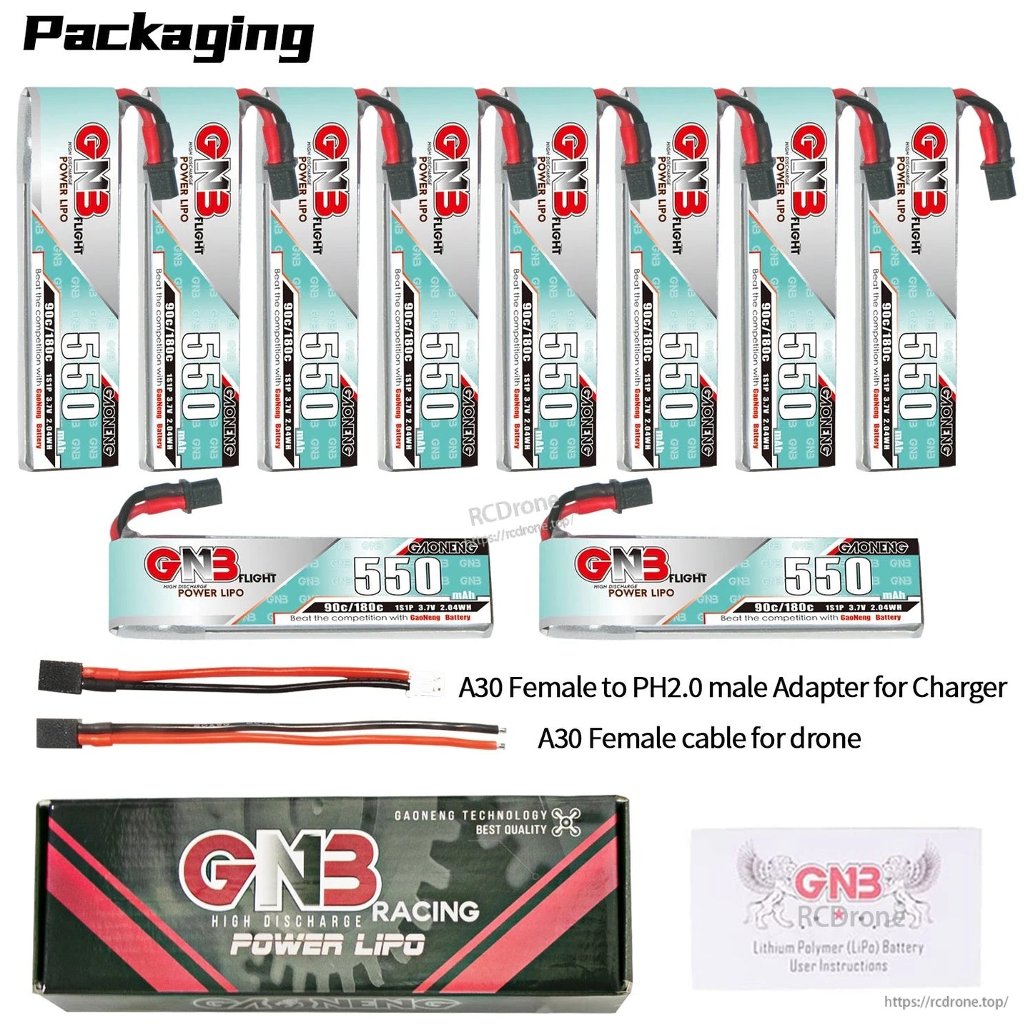 Packaging contents: ten 550 long batteries plus two horizontal battery views, adapter cable, drone cable, box