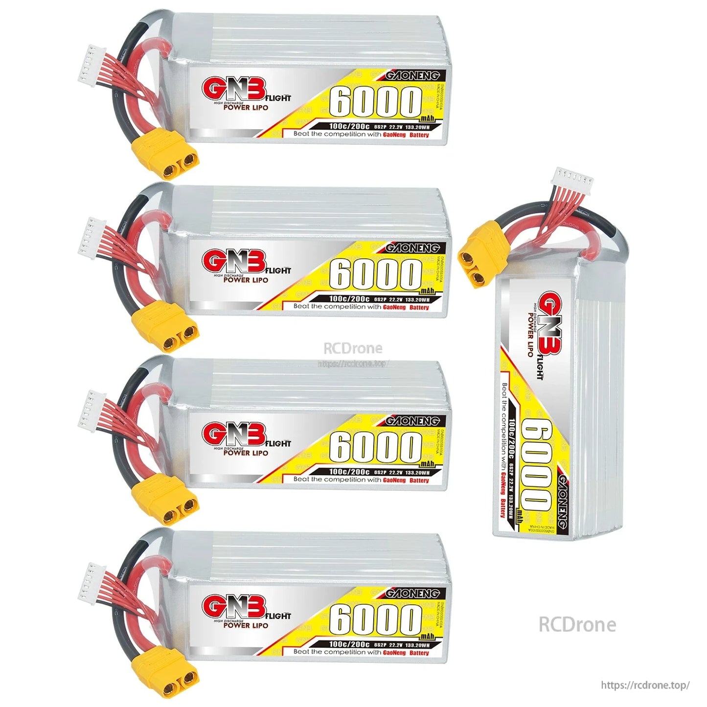 Four GAONENG 6000mAh LiPo packs plus one upright pack shown together, XT90 connectors visible