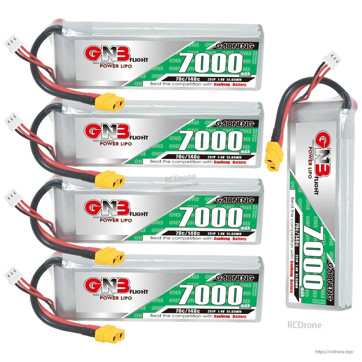 Five GNB 7000mAh LiPo batteries bundle, stacked plus one upright battery for size reference
