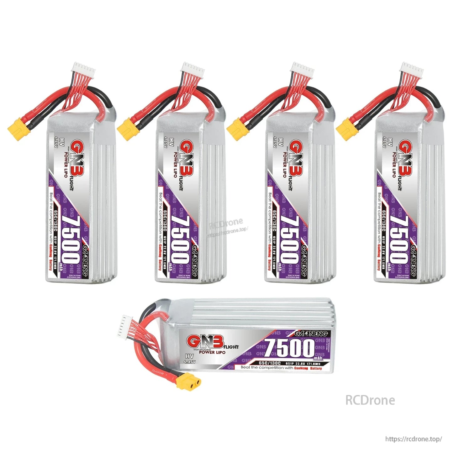 Five-pack display: four upright GNB 7500mAh batteries plus one horizontal battery with XT60 lead