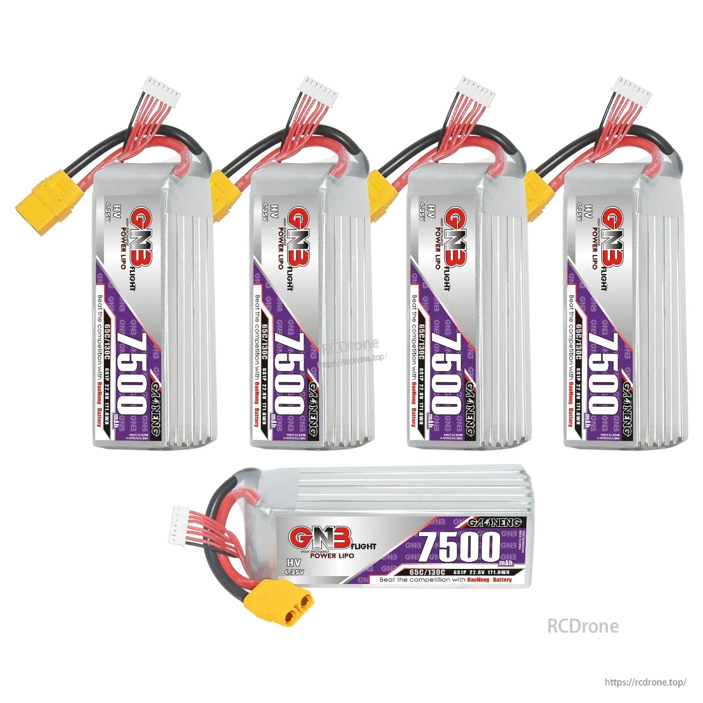 Five-piece layout of GN3 7500mAh batteries: four upright plus one horizontal unit with XT90 lead