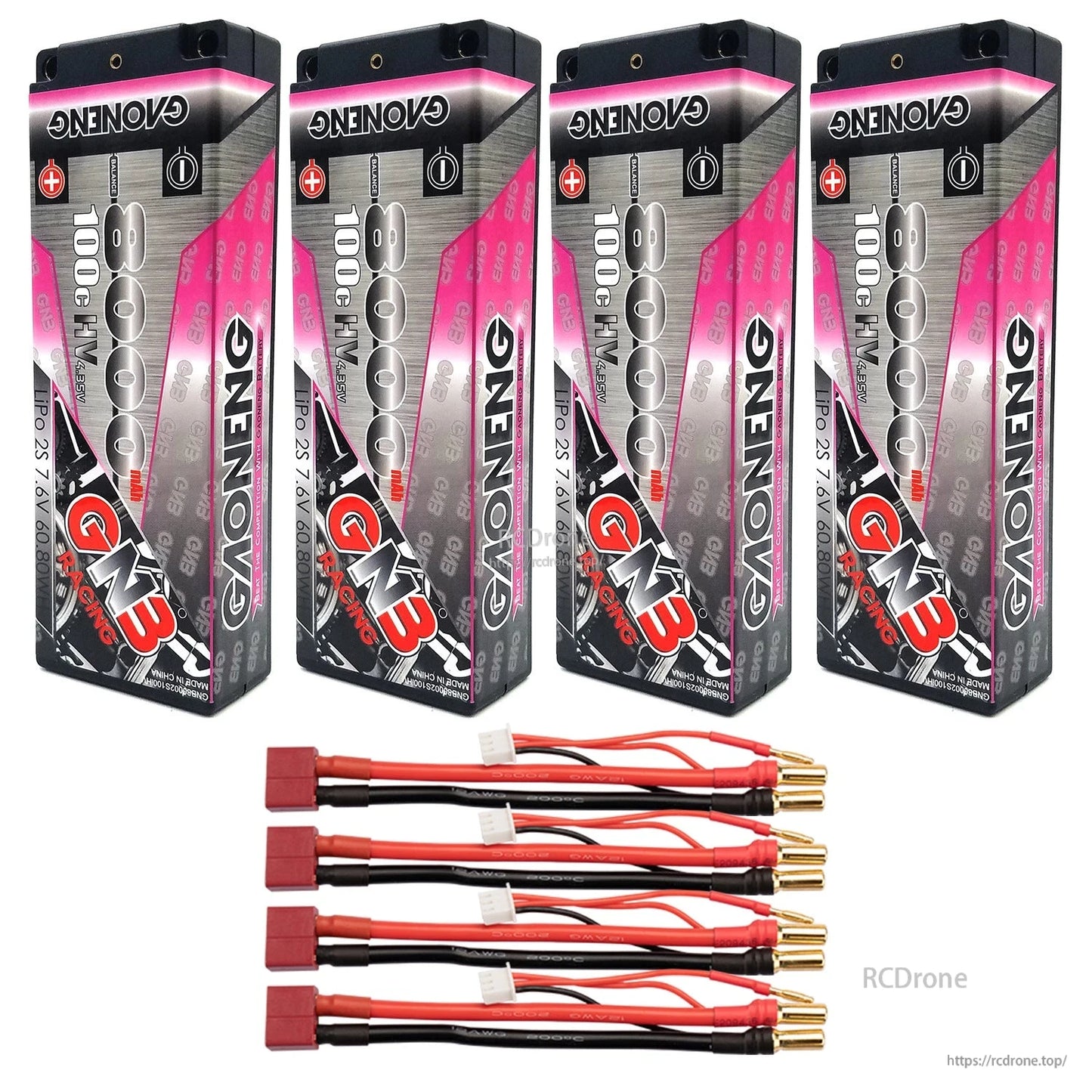 Four GAONENG hard case batteries with four red T-style connector lead sets and 5mm bullet plugs