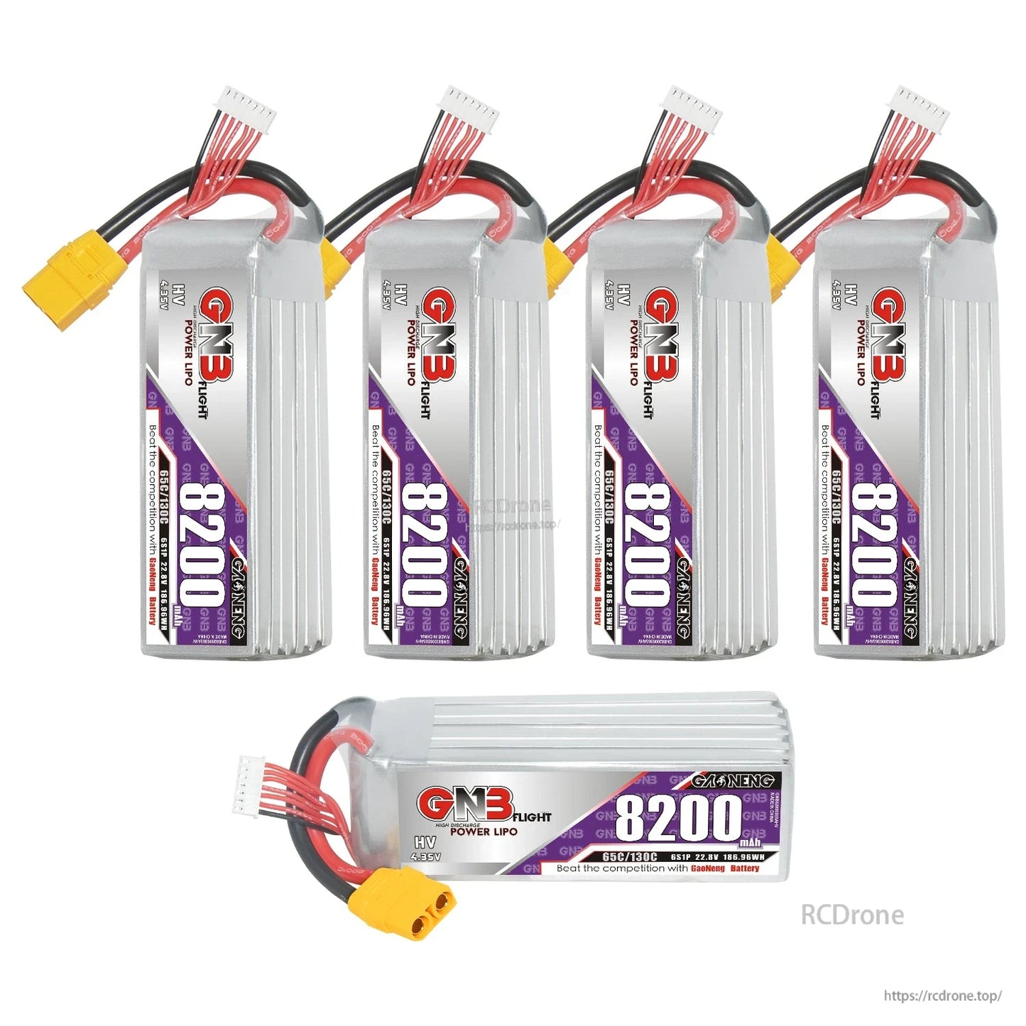 Bundle display with four upright and one horizontal GAONENG 6S 8200mAh LiHV LiPo batteries
