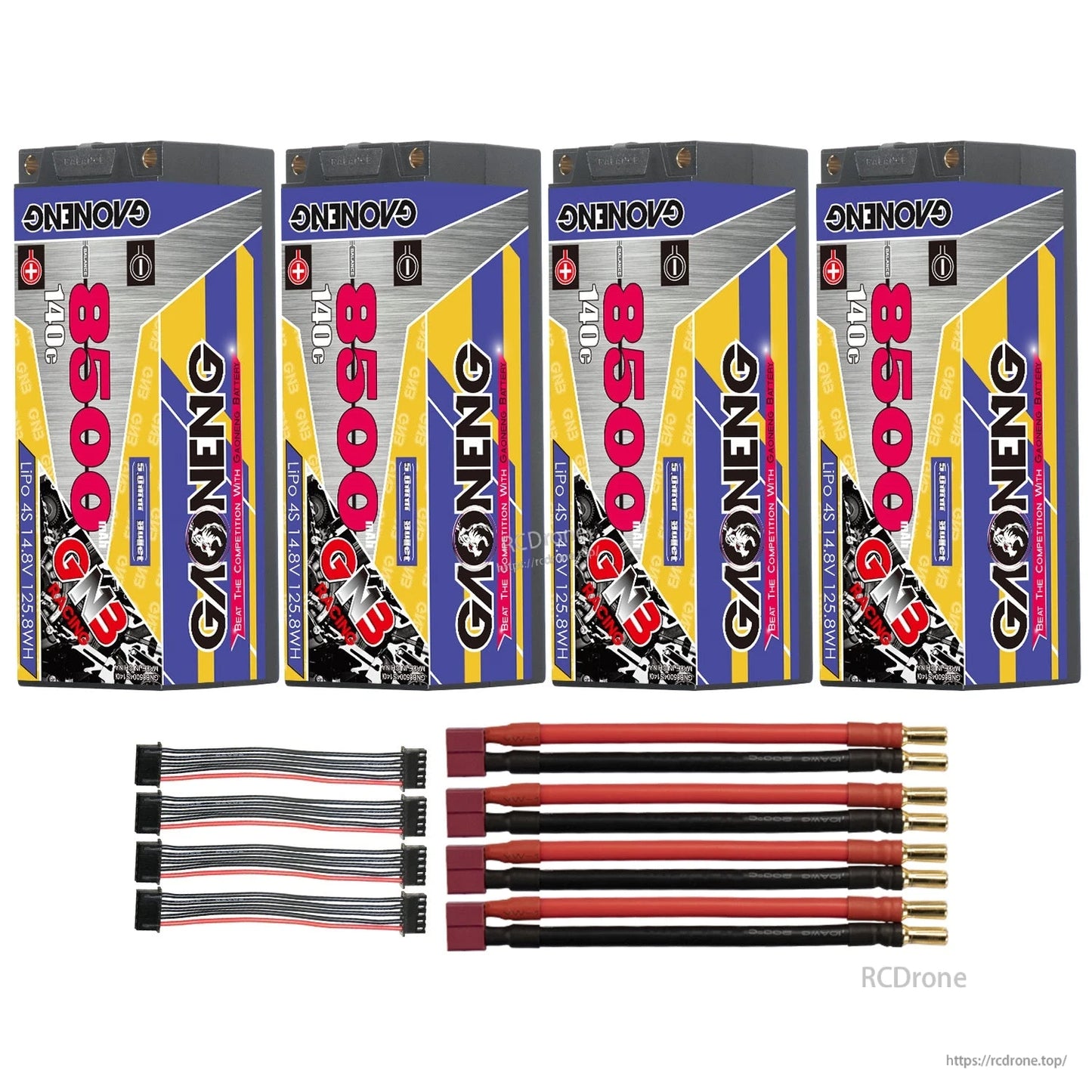 Four-pack batteries with red T-plug style connectors, 5mm bullet leads, and balance extension leads