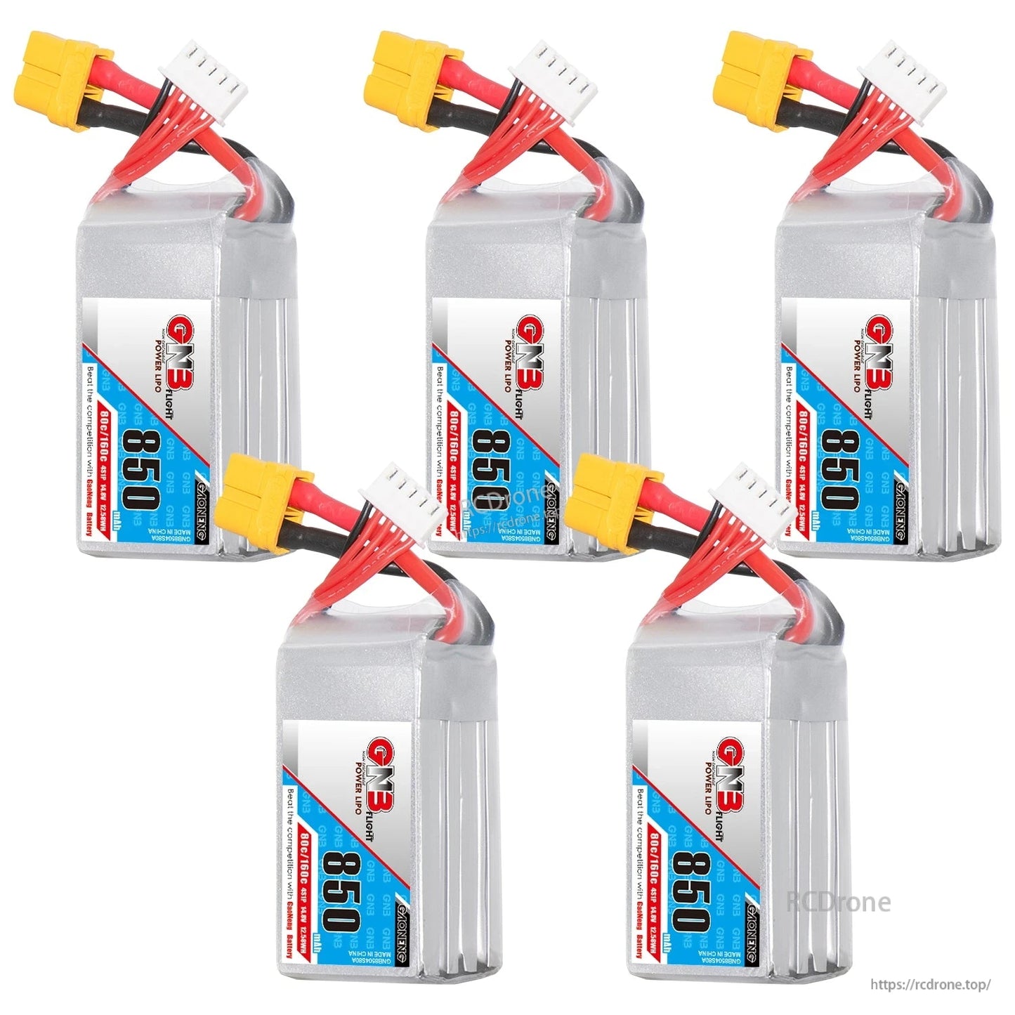 Five GNB 850mAh 4S LiPo batteries group photo with XT60 plugs and balance leads