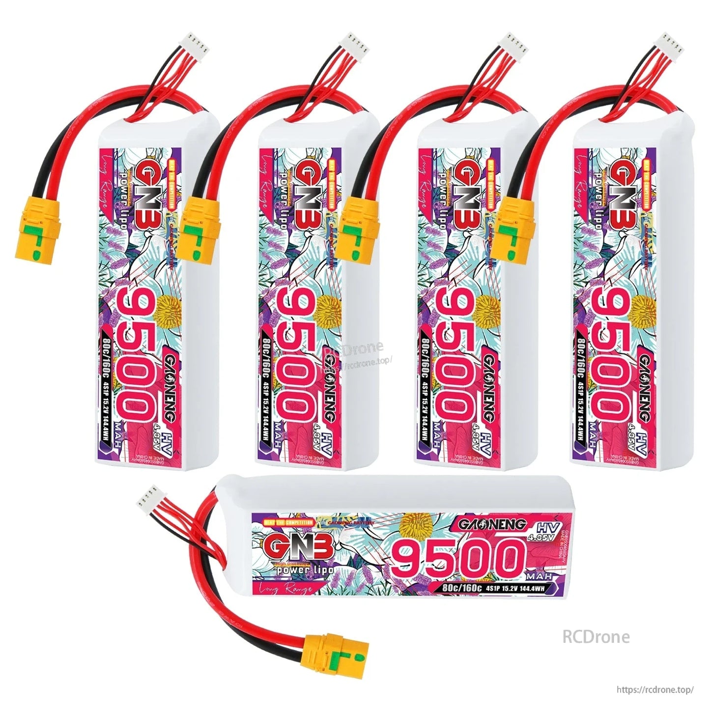 Bundle layout showing four upright GNB 9500mAh packs plus one horizontal pack with XT90S connector