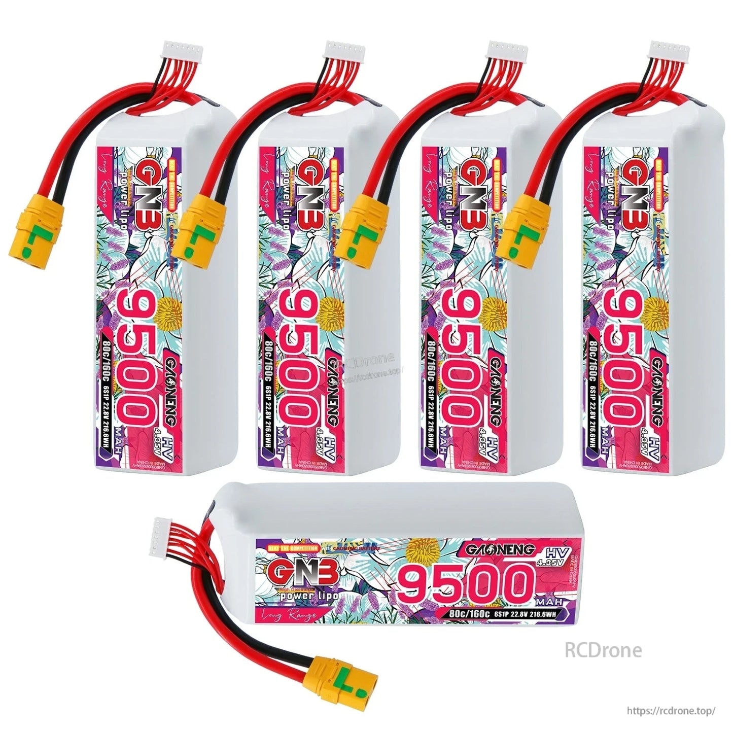 Five GNB 9500mAh LiHV LiPo batteries shown, four upright plus one horizontal with connector lead