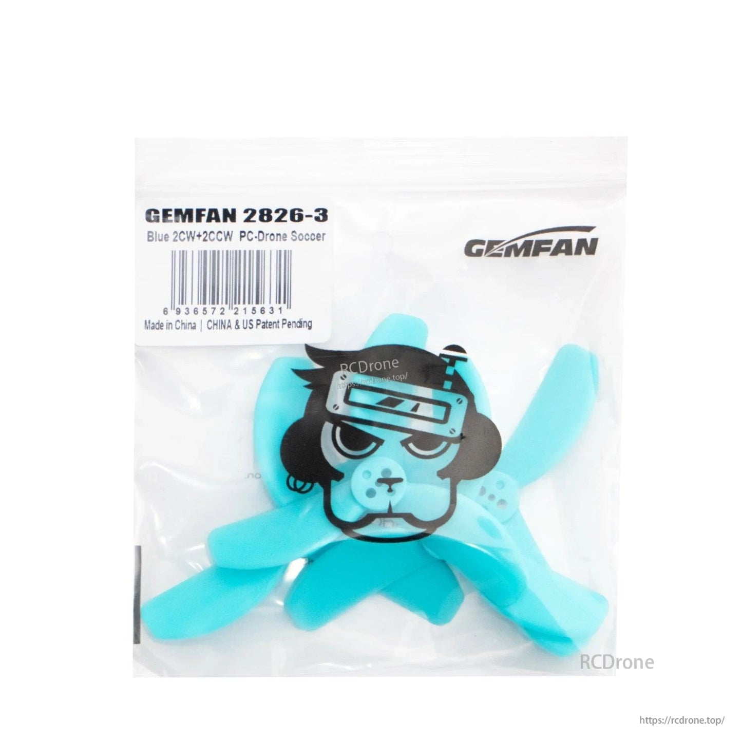 Retail bag showing GEMFAN 2826-3 blue props, label reads 2CW+2CCW PC-Drone Soccer