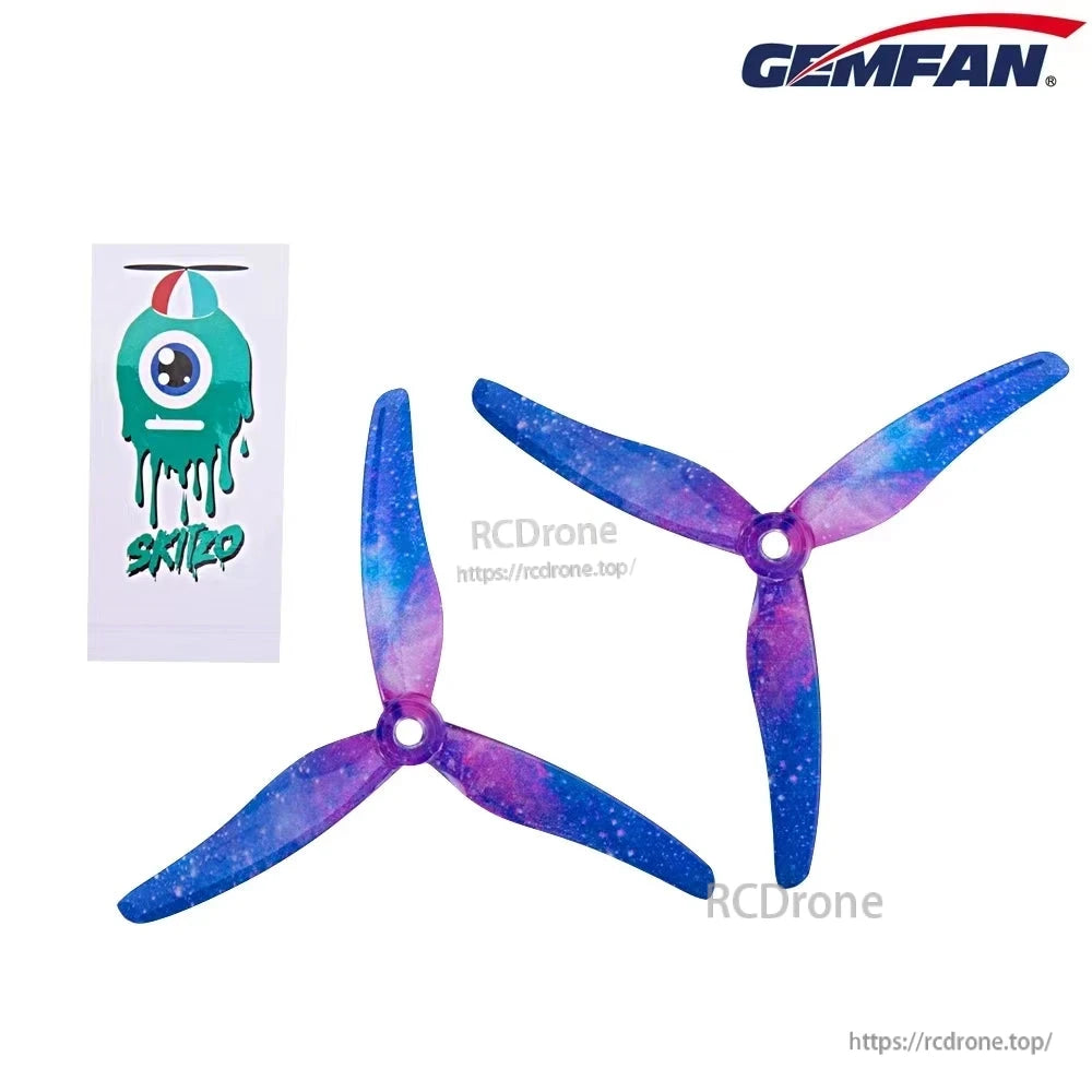 GEMFAN 51433-3 SEEKER 5 Drone Propeller, GEMFAN 51433-3 SEEKER 5 tri-blade drone propellers in purple-blue galaxy finish with included Skitzo sticker