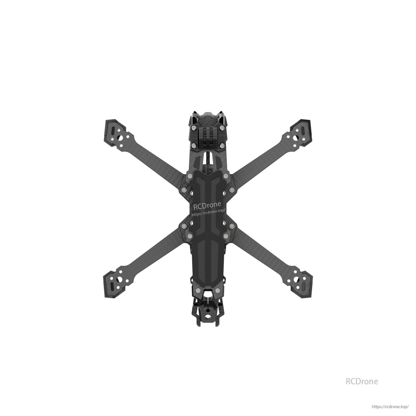 GEP-Vapor-X5 FPV Frame, Top view of GEP-Vapor-X5 FPV carbon fiber quad frame with X arms, motor mount holes, and front camera mount