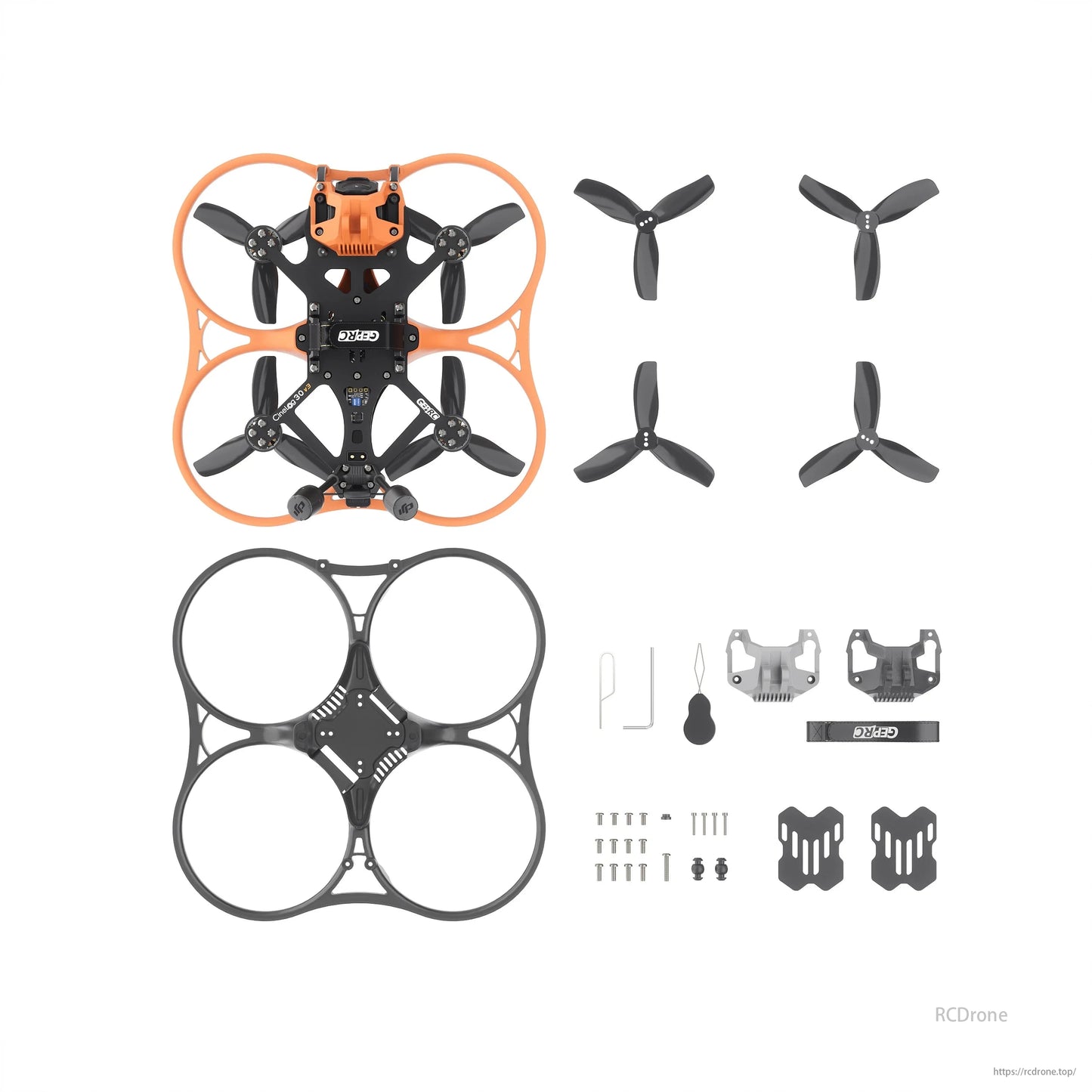 GEPRC Cinelog30 V3 FPV, A disassembled orange and black drone with propellers, tools, screws, and protective guards is shown.