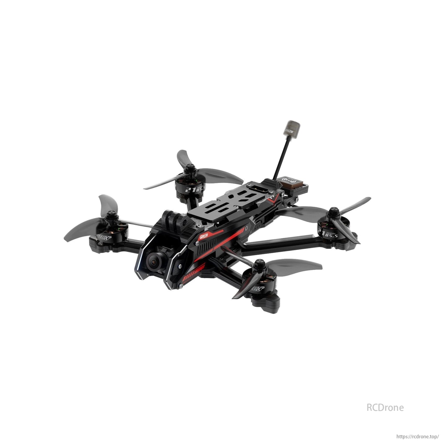GEPRC DoMain3.6 is a 170mm wheelbase FPV drone with a 55A F722 camera, antenna, and black/red branding.