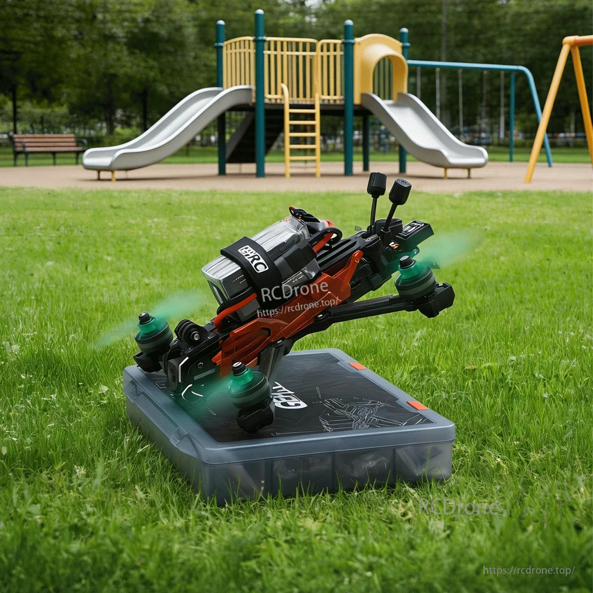 GEPRC FPV Hardware Pack, FPV drone hardware kit with GEPRC branding, includes storage box, fasteners, cables, and tools, shown on green grass.