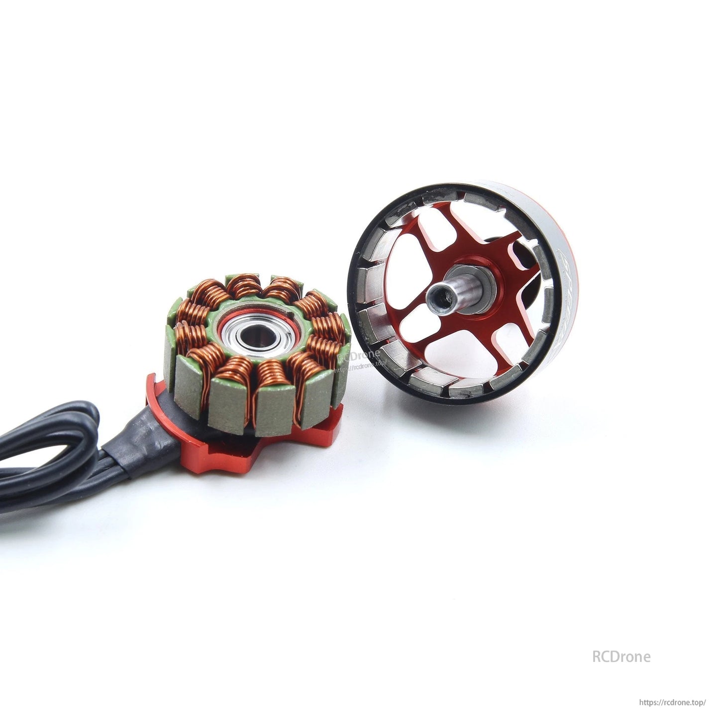 GEPRC GEP-GR2207 2400KV brushless FPV motor parts showing stator windings, rotor bell, and steel shaft