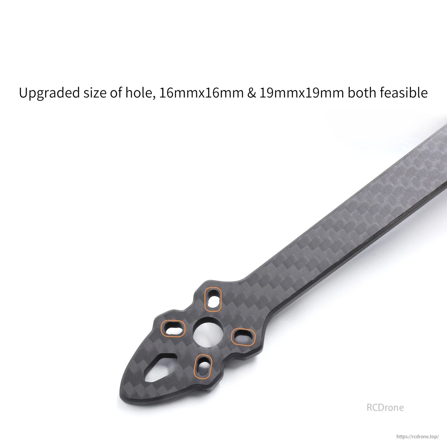 The drone frame kit supports upgraded hole sizes of 16mm x 16mm and 19mm x 19mm.