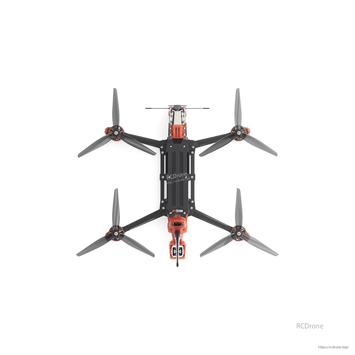 GEPRC MOZ7 V2 WTFPV, Top-down view of GEPRC MOZ7 V2 FPV quadcopter with carbon fiber frame, orange mounts, and four tri-blade props