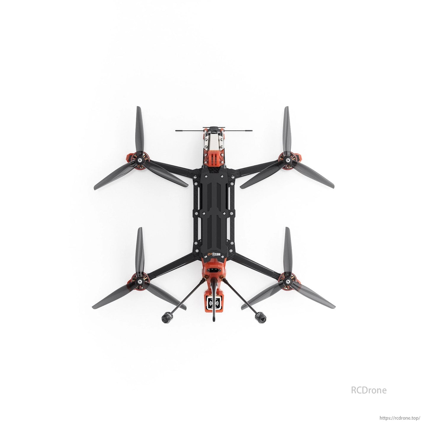 GEPRC Moz7 V2 DJI O4 Pro 7 Inch Long Range FPV, A black and orange quadcopter drone seen from an overhead perspective.