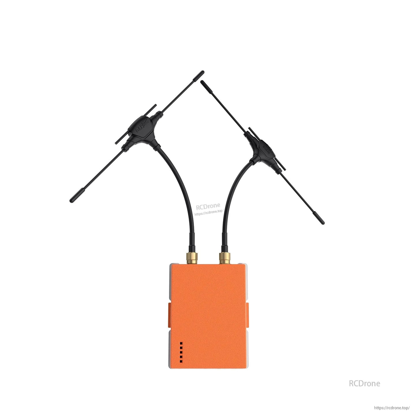 GEPRC RX as TX JR-Bay Modification Kit, GEPRC JR-bay modification kit transmitter module with orange case, dual SMA antennas, and side buttons