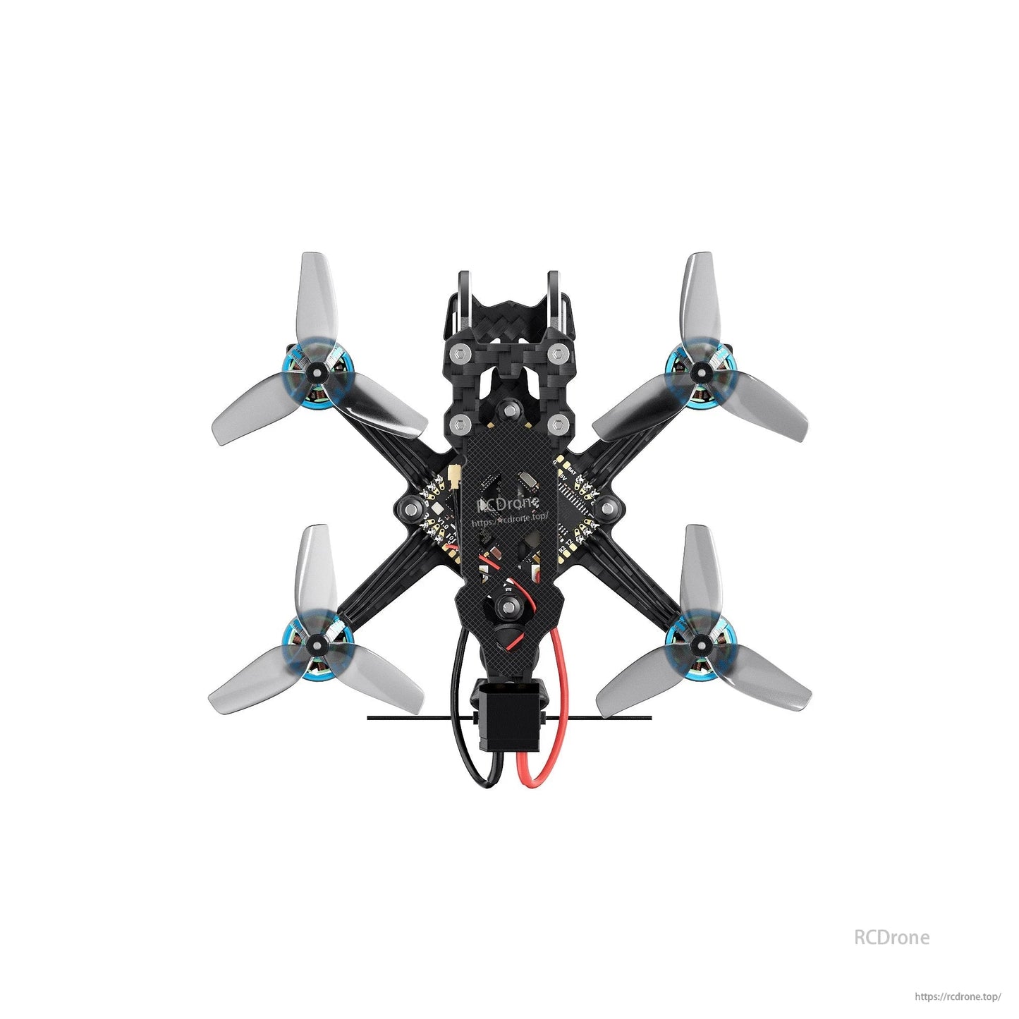 GEPRC T-Cube18 2S WTFPV, Top-down view of GEPRC T-Cube18 2S FPV quadcopter with carbon frame, four tri-blade props, and battery lead