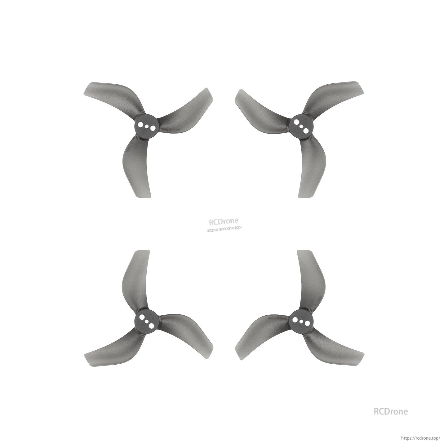 Set of four grey three-blade drone propellers with three-hole hubs, arranged on a white background
