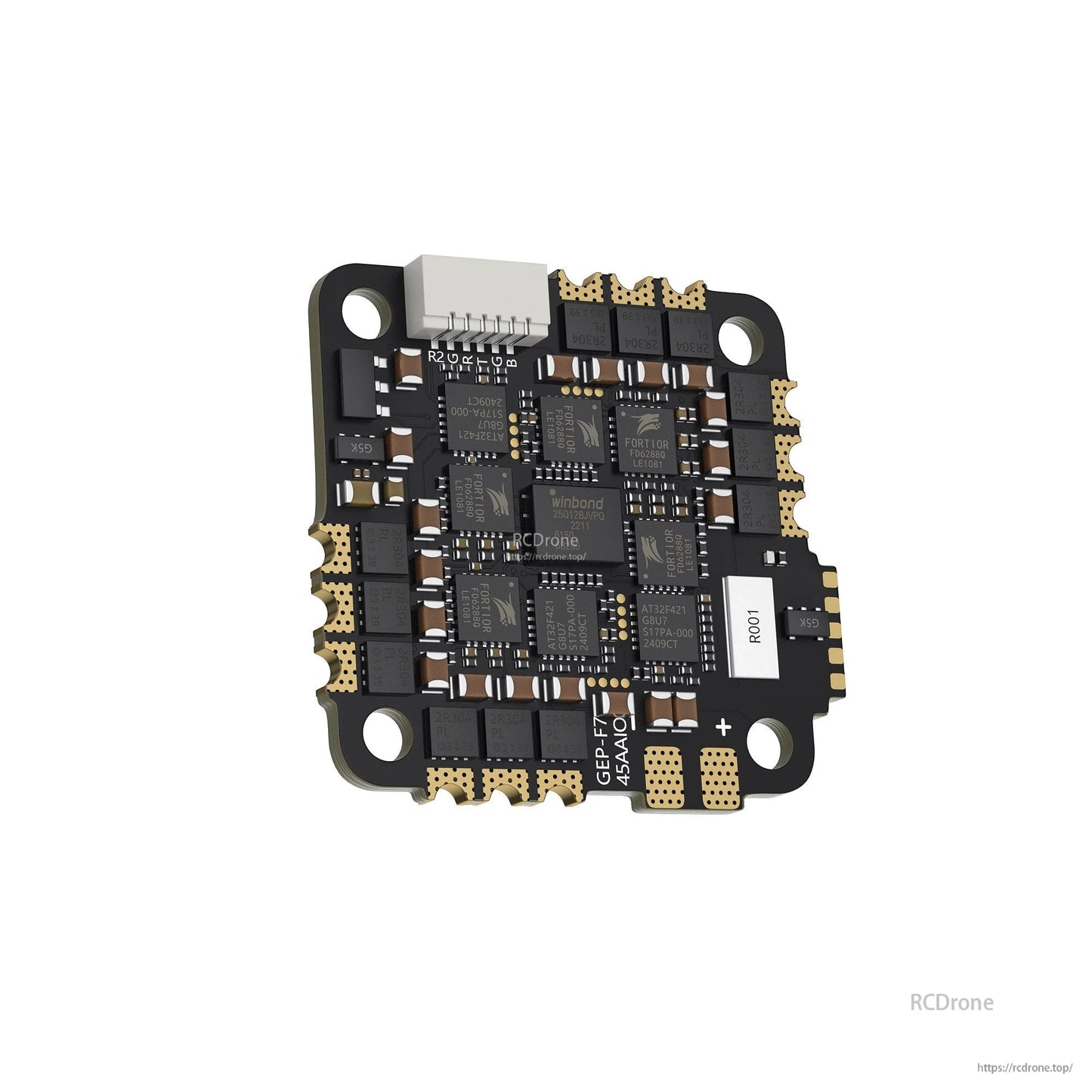 GEPRC TAKER F722 45A 32Bit AIO Flight Controller, GEPRC TAKER F7 45A AIO flight controller board with plug connector, labeled solder pads, and four mounting holes