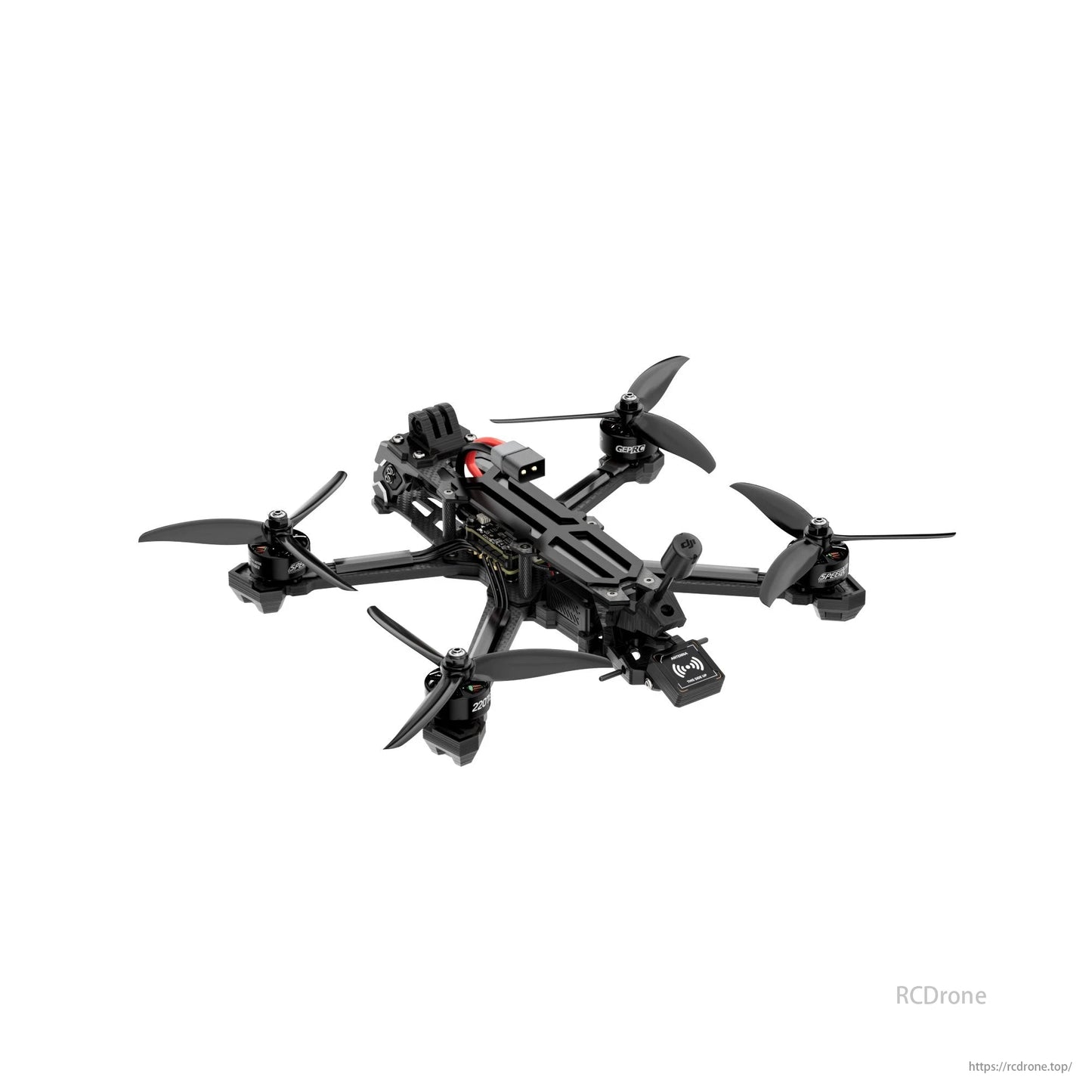 A black FPV drone by GEPRC with four propellers, a camera, and flight/navigation components.
