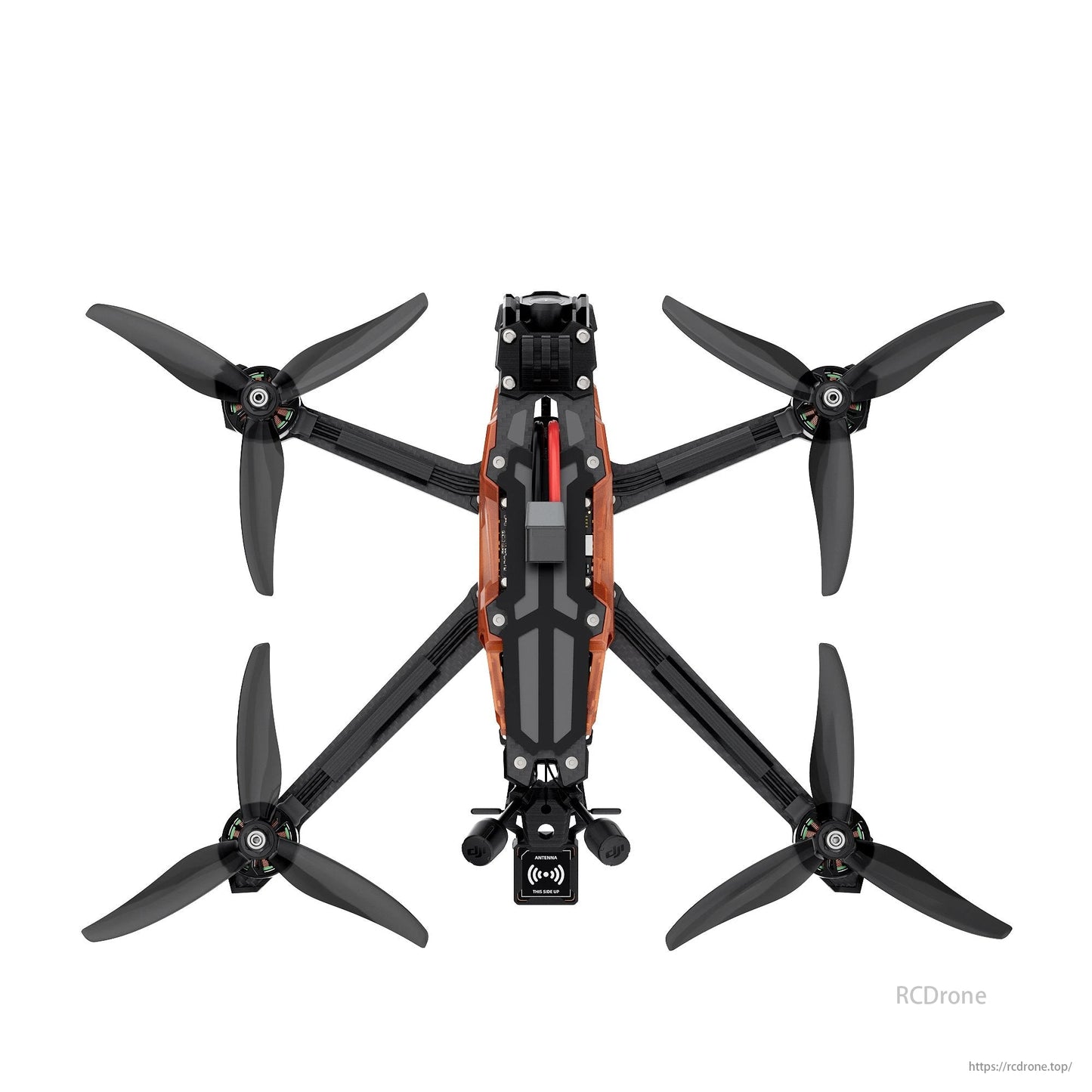 The image shows a GEPRC Vapor-D6 HD drone with a 275mm wheelbase, GPS, orange-black body, four black propellers, and an antenna marked "THIS SIDE UP."