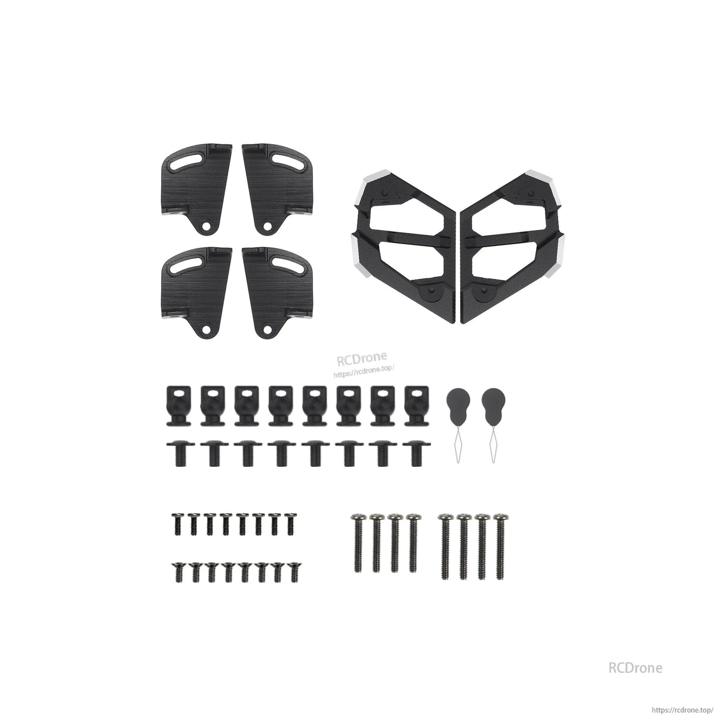 Camera damping kit hardware layout with carbon-fiber plates, rubber mounts and assorted screws