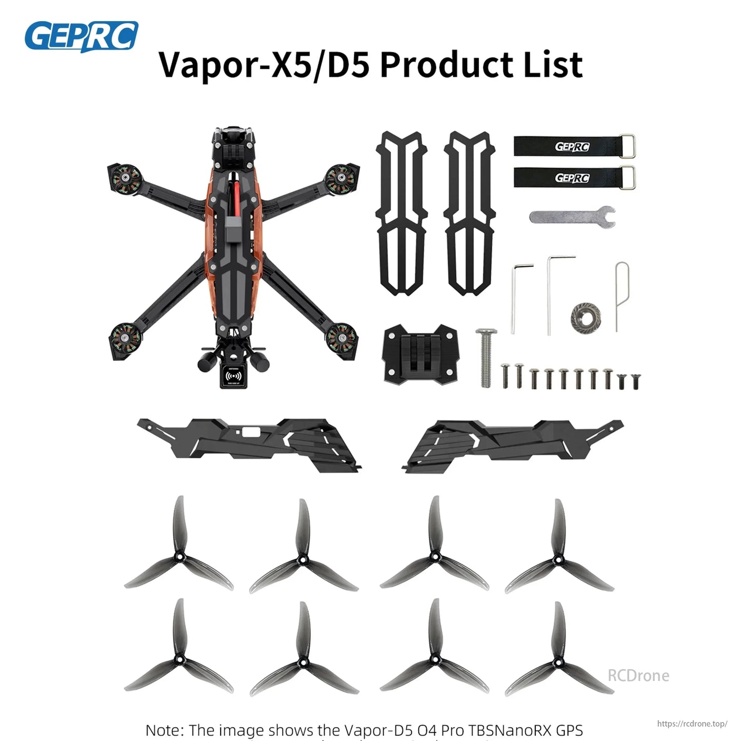 GEPRC Vapor-X5 / D5 5Inch FPV, GEPRC Vapor-X5/D5 product list includes drone, propellers, landing gear, screws, wrenches, straps; Vapor-D5 O4 Pro TBS NanoRX GPS featured.