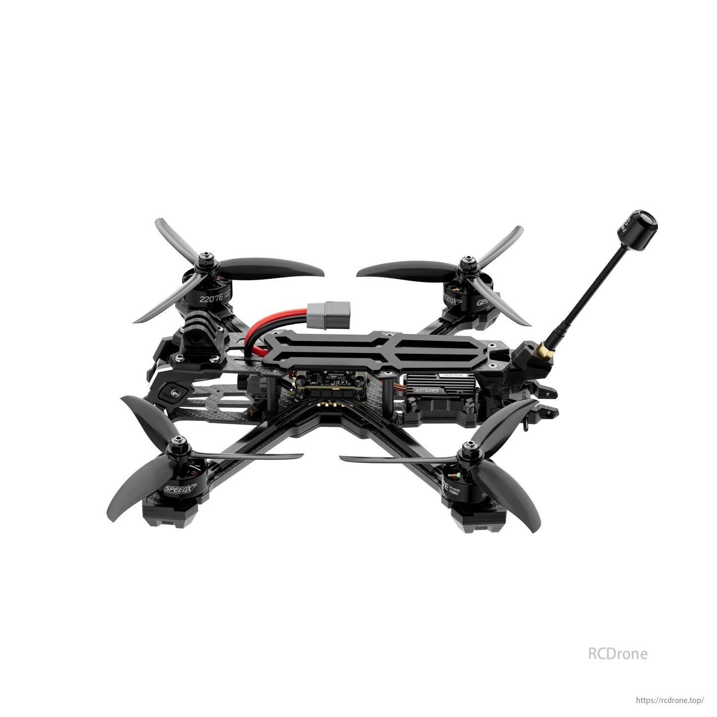 GEPRC Vapor-X5 F722 drone features four propellers, a central frame, antenna, and "SPEEDX" motors for enhanced performance.