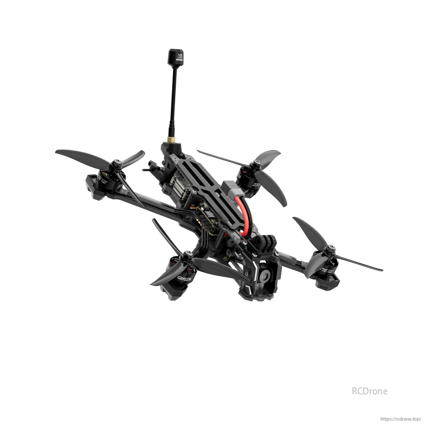 GEPRC Vapor-X5 WTFPV, GEPRC Vapor-X5 drone features black/red components, propellers, central electronics, designed for freestyle GPS FPV racing.
