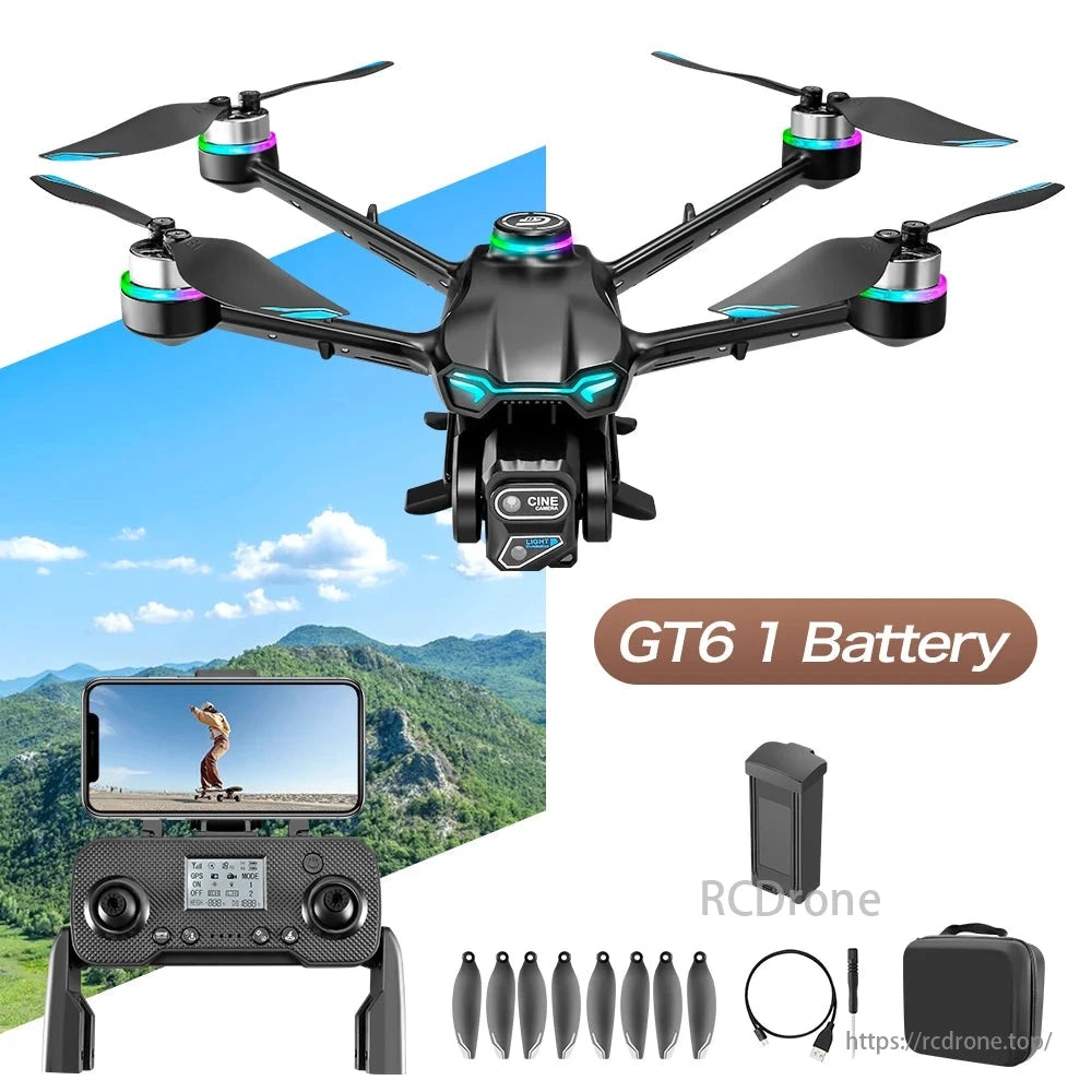 GT6 Drone, GT6 1 Battery drone with remote control, camera, and accessories for aerial photography.