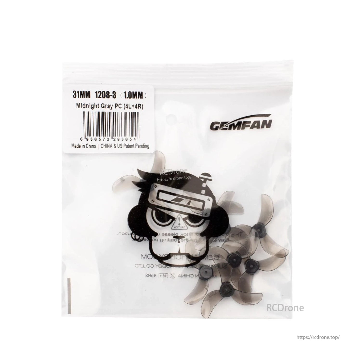 Gemfan propeller package with midnight gray 1208-3 31mm props; label shows 1.0mm mount