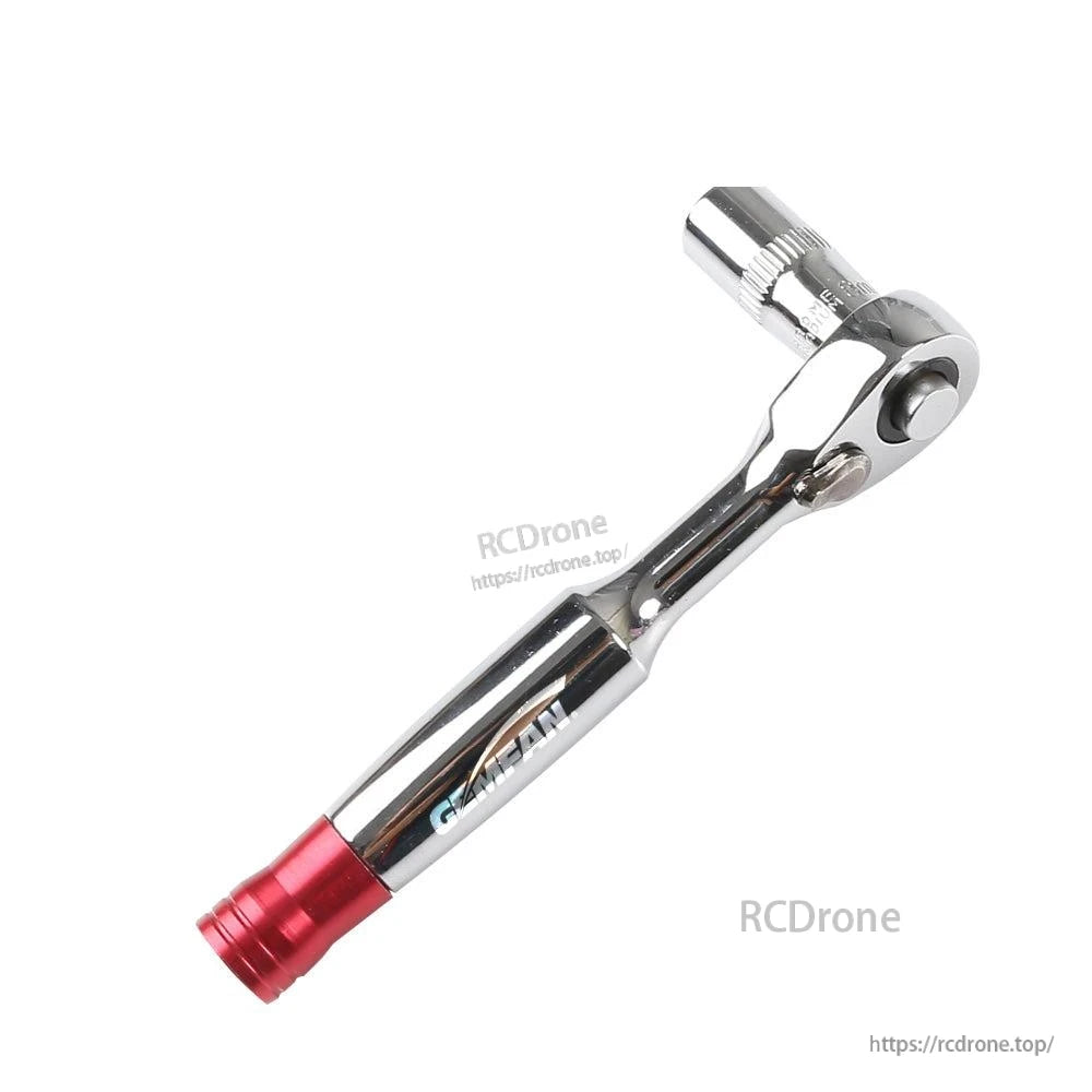 Angled view of Gemfan ratcheting wrench showing 8mm socket head and compact chrome handle with red end cap