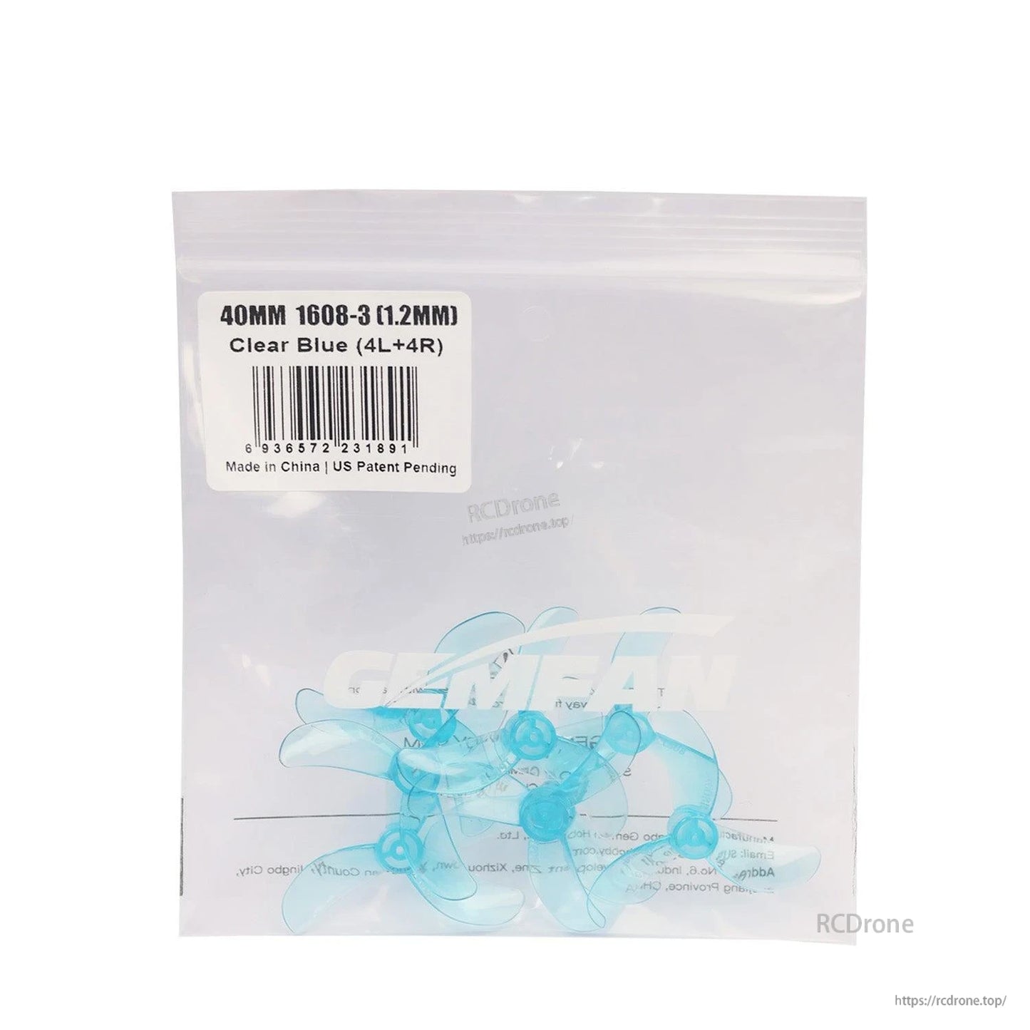 Retail bag with label: 40mm 1608-3 (1.2mm) clear blue propellers, barcode sticker